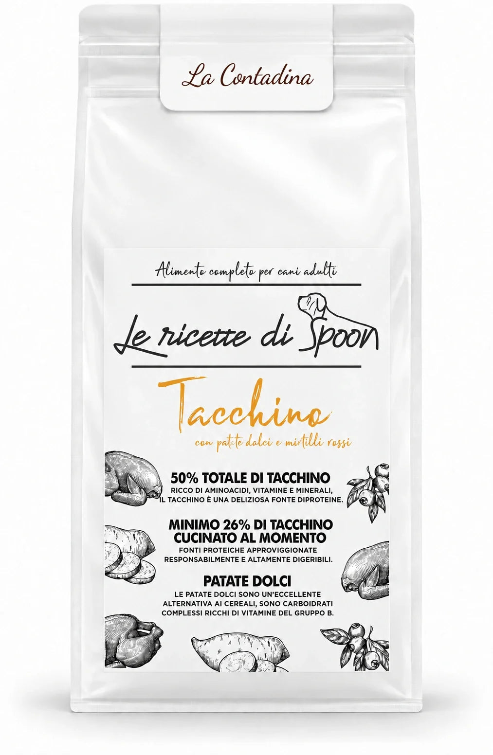 La Contadina - Monoproteico Grain Free - 50% di Tacchino Human Grade con Patate Dolci e Mirtilli Rossi - Cane Adulto Taglia Media/Grande - sacco su sfondo bianco
