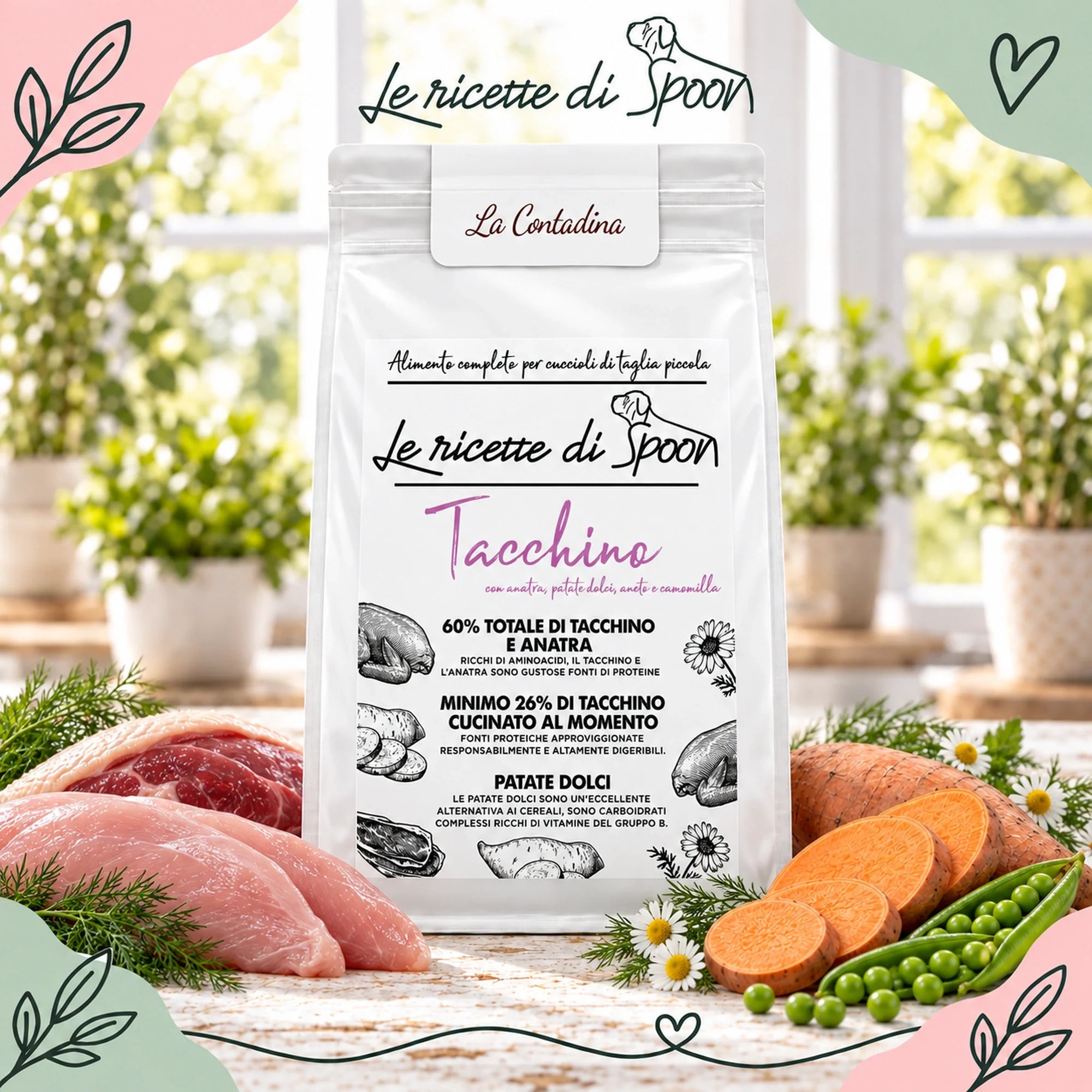 La Contadina - Multiproteico Grain Free - 60% di Tacchino e Anatra Human Grade con Patate Dolci, Aneto e Camomilla - Cane Cucciolo Taglia Piccola - sacco con ingredienti