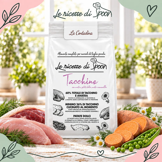 La Contadina - Multiproteico Grain Free - 60% di Tacchino e Anatra Human Grade con Patate Dolci, Aneto e Camomilla - Cane Cucciolo Taglia Piccola - sacco con ingredienti