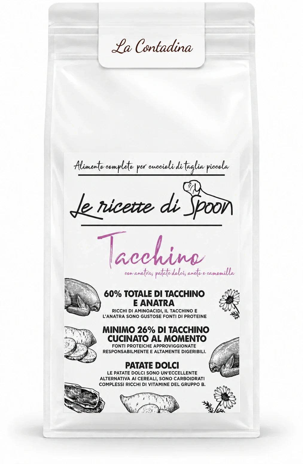 La Contadina - Multiproteico Grain Free - 60% di Tacchino e Anatra Human Grade con Patate Dolci, Aneto e Camomilla - Cane Cucciolo Taglia Piccola - sacco su sfondo bianco