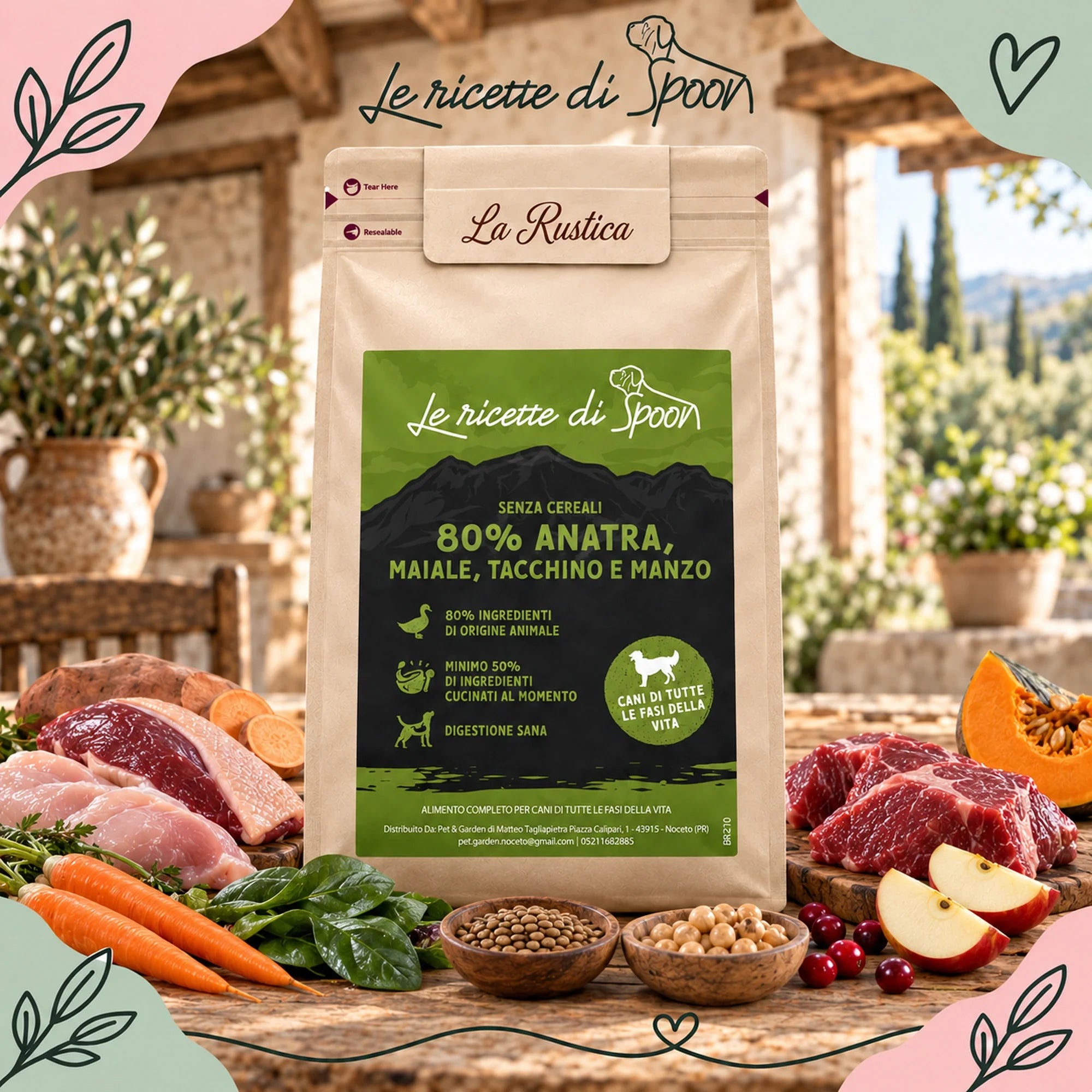 Le Ricette di Spoon La Rustica anatra maiale tacchino manzo – sacco con ingredienti su sfondo rustico