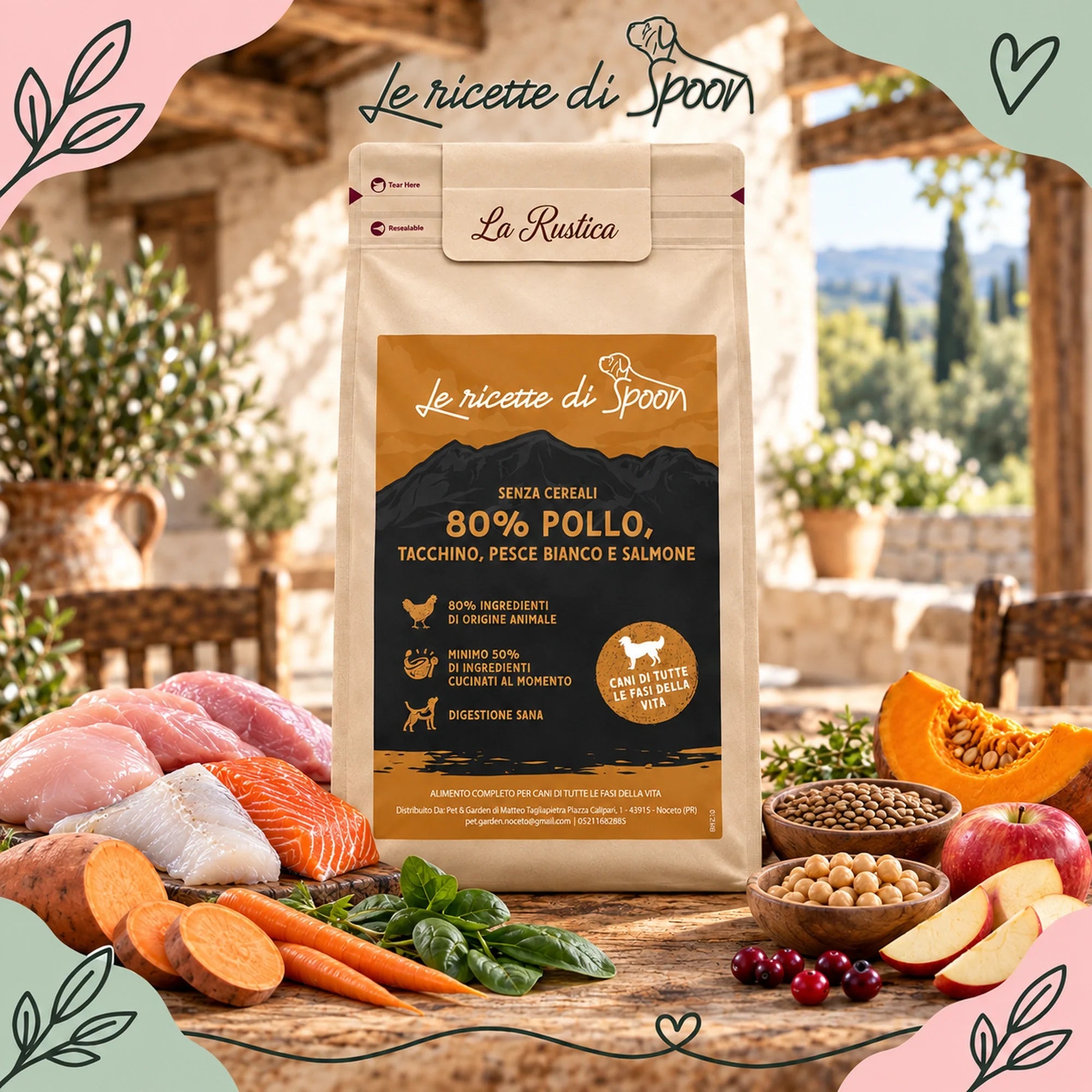 Le Ricette di Spoon La Rustica pollo tacchino pesce bianco salmone – sacco con ingredienti su sfondo rustico