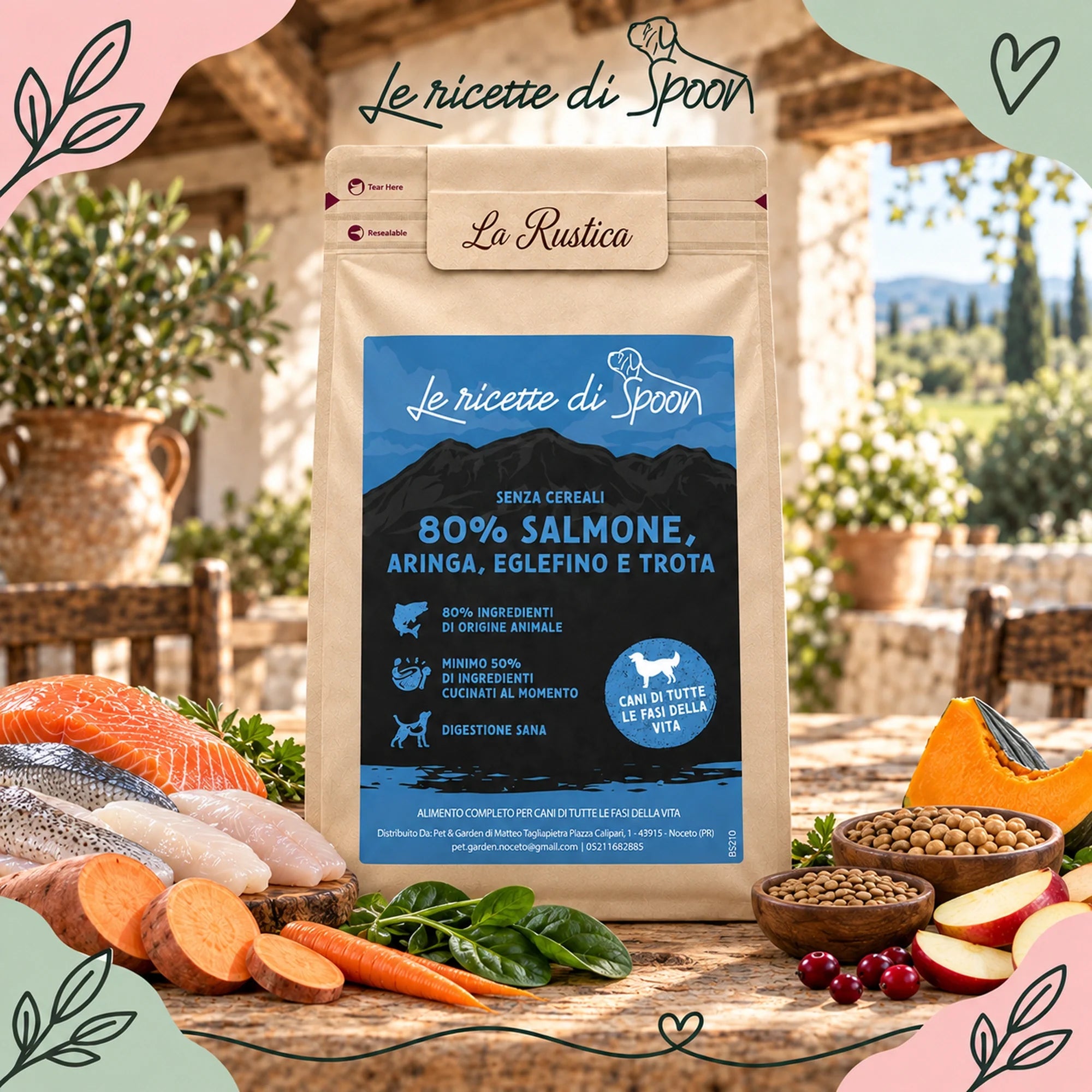 Le Ricette di Spoon La Rustica salmone aringa eglefino trota – sacco con ingredienti su sfondo rustico