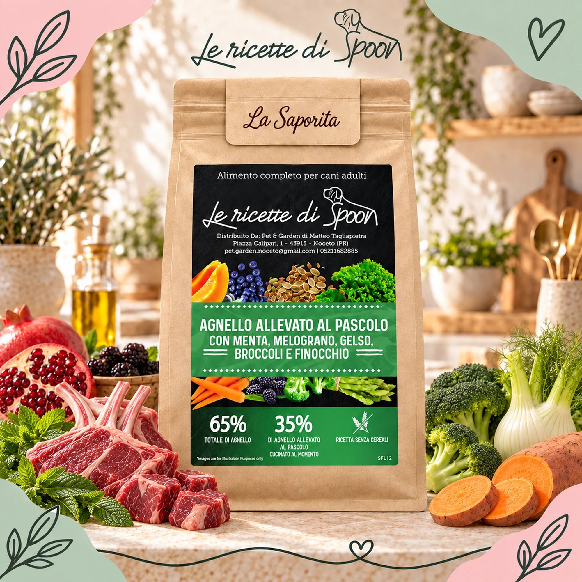 La Saporita - Monoproteico Grain Free - 65% di Agnello Human Grade con Menta, Melograno, More di Gelso, Broccoli e Finocchio - Cane Adulto Taglia Media/Grande - sacco con ingredienti