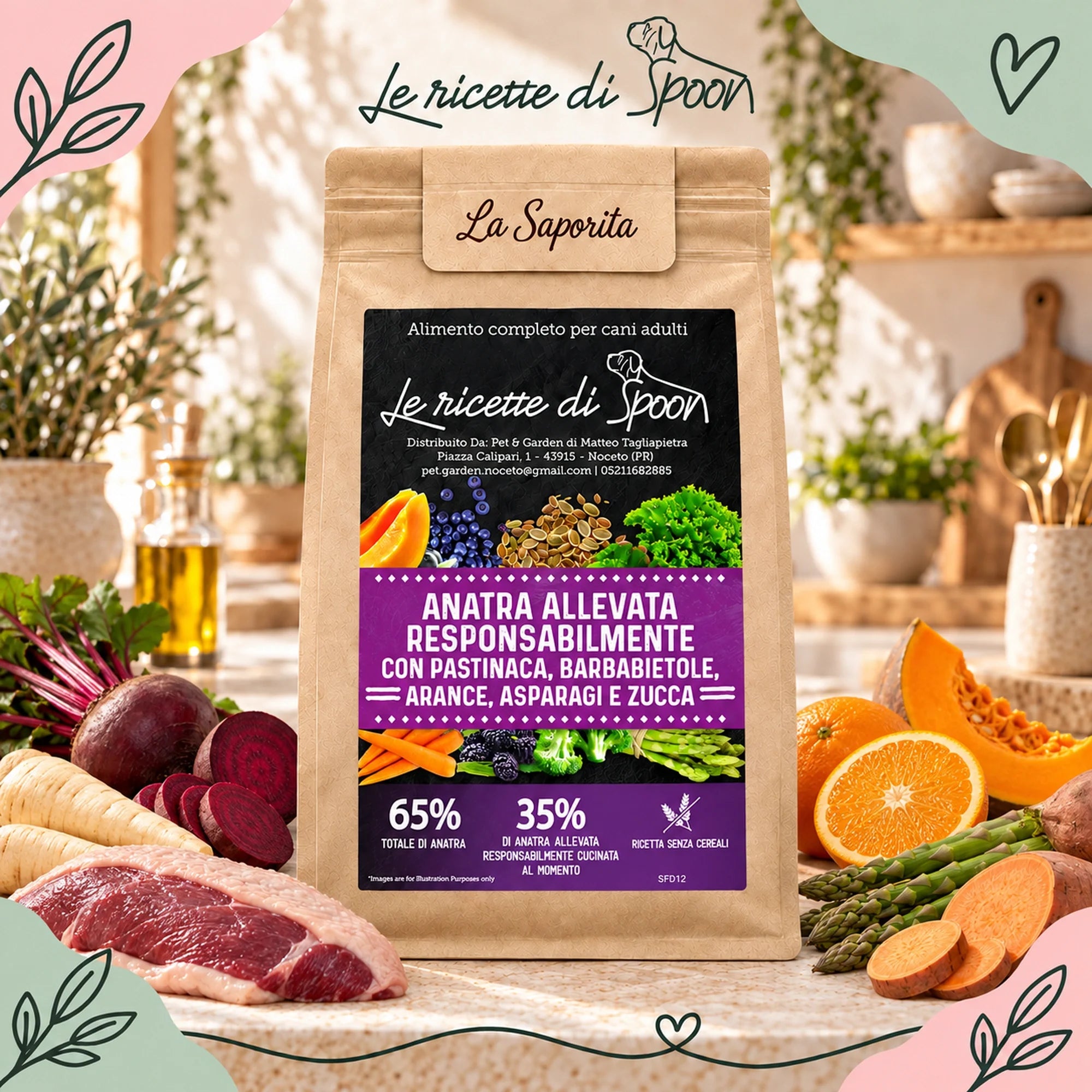 La Saporita - Monoproteico Grain Free - 65% di Anatra Human Grade con Pastinaca, Barbabietole, Arance, Asparagi e Zucca - Cane Adulto Taglia Media/Grande - sacco con ingredienti