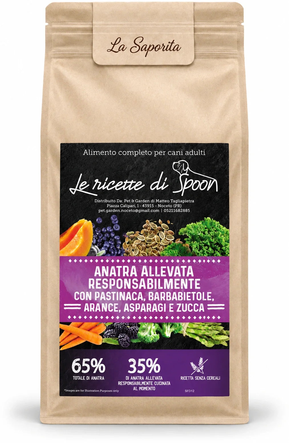 La Saporita - Monoproteico Grain Free - 65% di Anatra Human Grade con Pastinaca, Barbabietole, Arance, Asparagi e Zucca - Cane Adulto Taglia Media/Grande - sacco su sfondo bianco