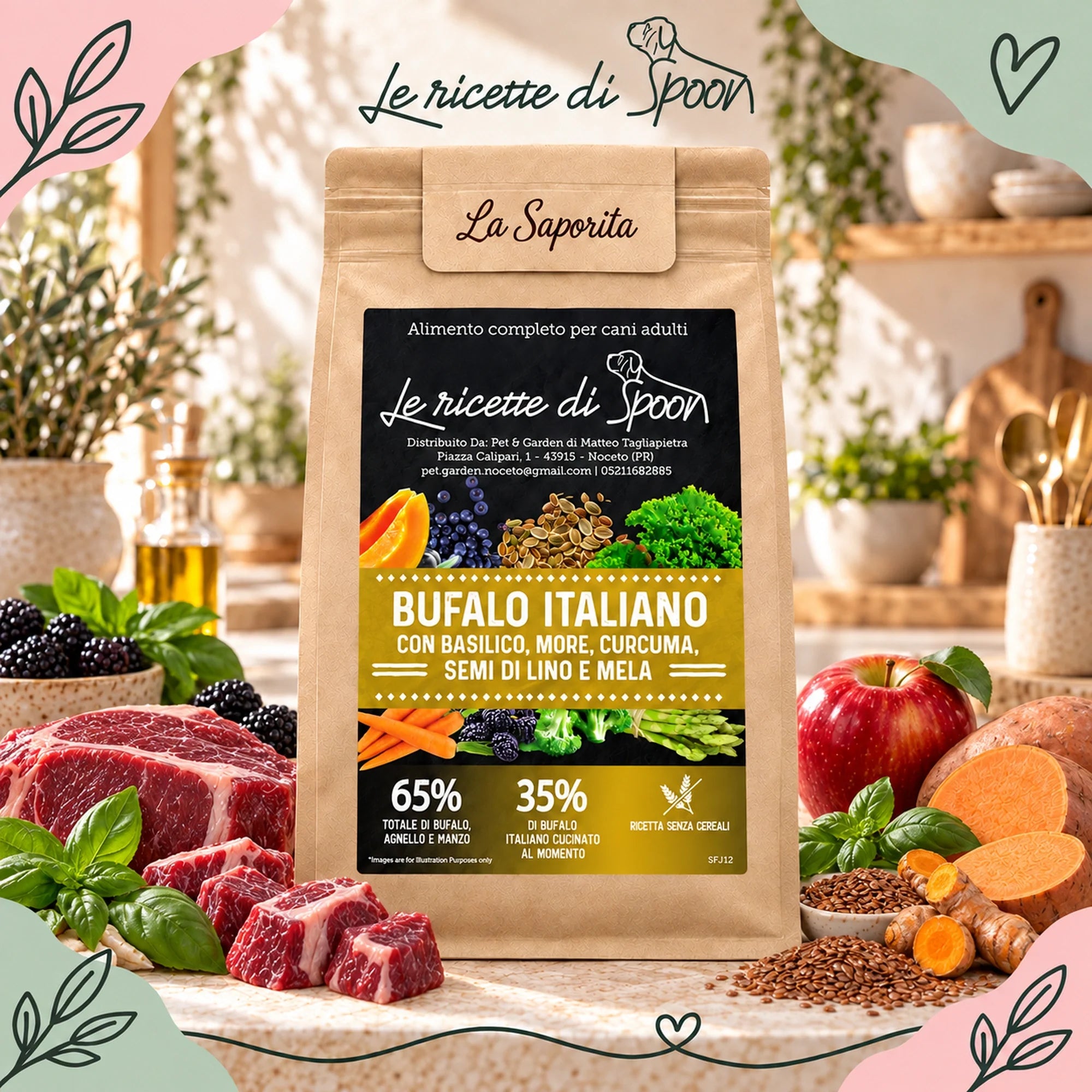 La Saporita - Multiproteico Grain Free - 65% di Bufalo, Agnello e Manzo Human Grade con Basilico, More, Curcuma, Semi di Lino e Mela - Cane Adulto Taglia Media/Grande - sacco con ingredienti