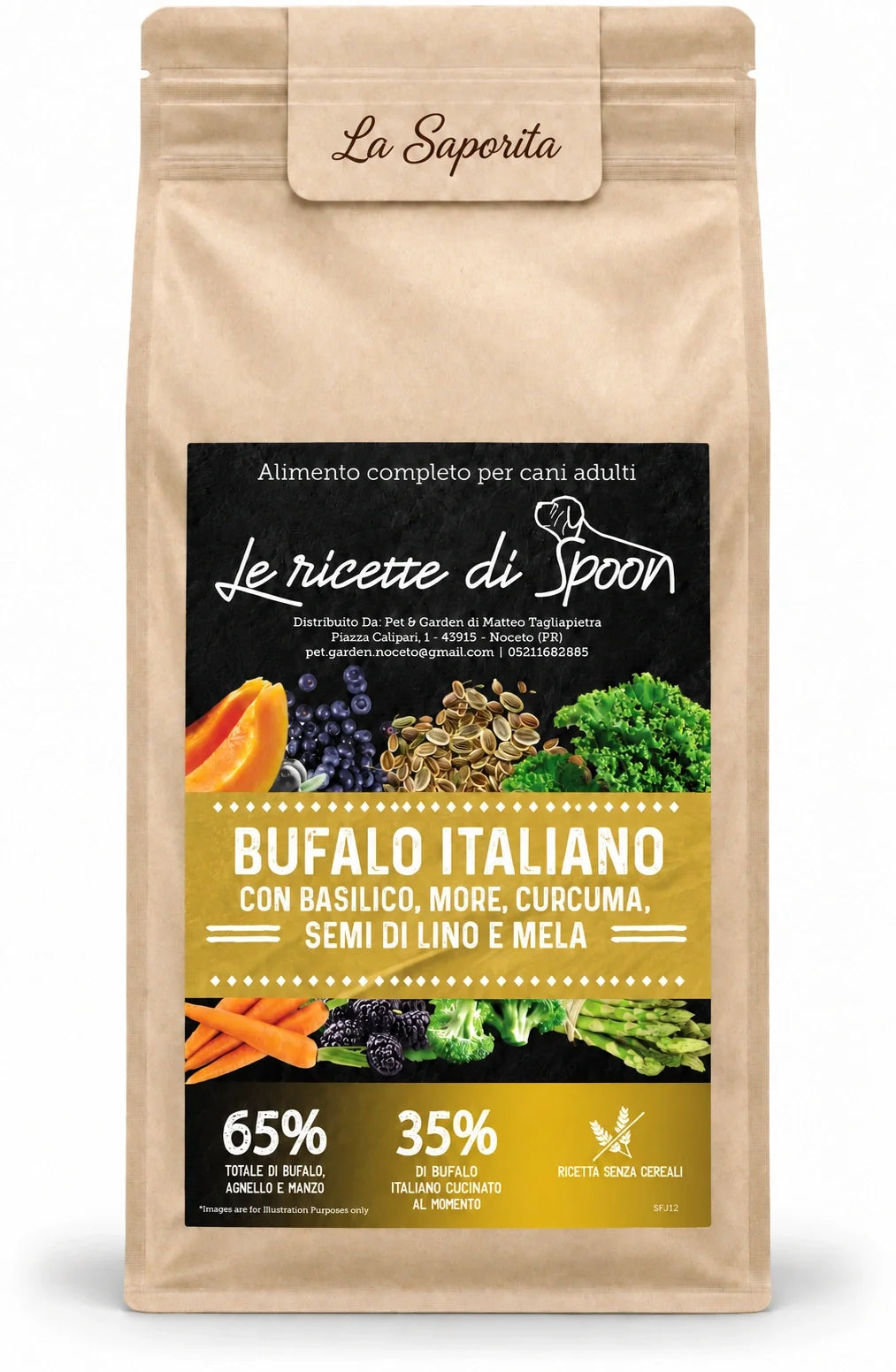 La Saporita - Multiproteico Grain Free - 65% di Bufalo, Agnello e Manzo Human Grade con Basilico, More, Curcuma, Semi di Lino e Mela - Cane Adulto Taglia Media/Grande - sacco su sfondo bianco