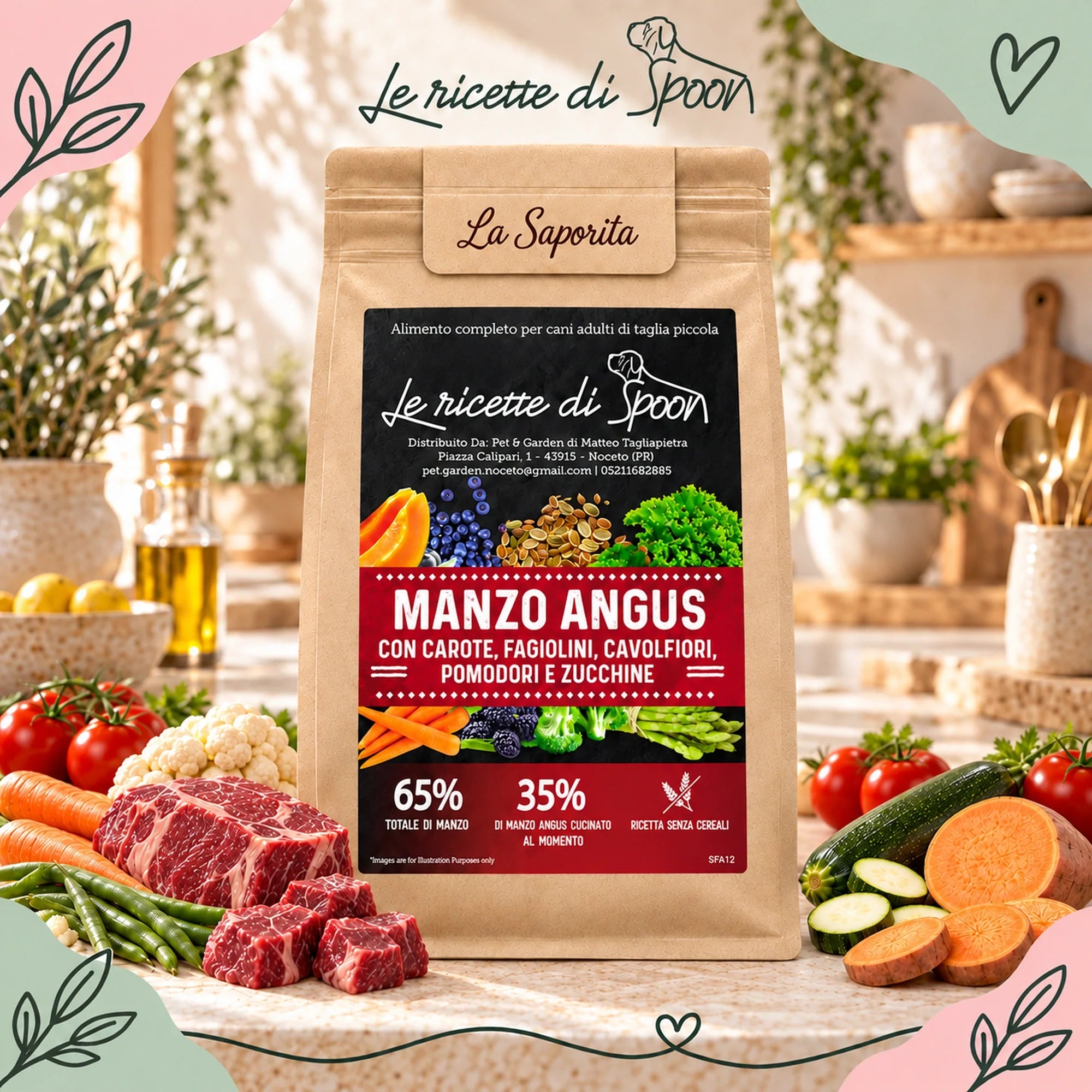 La Saporita - Monoproteico Grain Free - 65% di Manzo Human Grade con Carote, Fagiolini, Cavolfiori, Pomodori e Zucchine - Cane Adulto Taglia Piccola - sacco con ingredienti