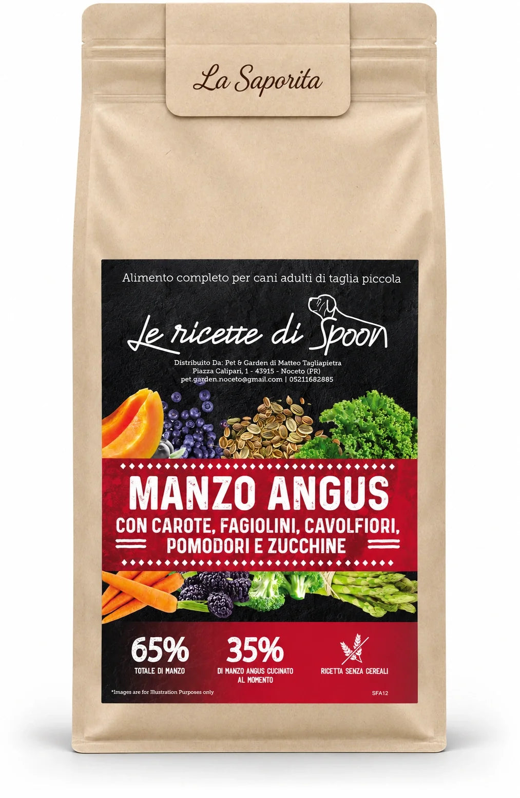 La Saporita - Monoproteico Grain Free - 65% di Manzo Human Grade con Carote, Fagiolini, Cavolfiori, Pomodori e Zucchine - Cane Adulto Taglia Piccola - sacco su sfondo bianco