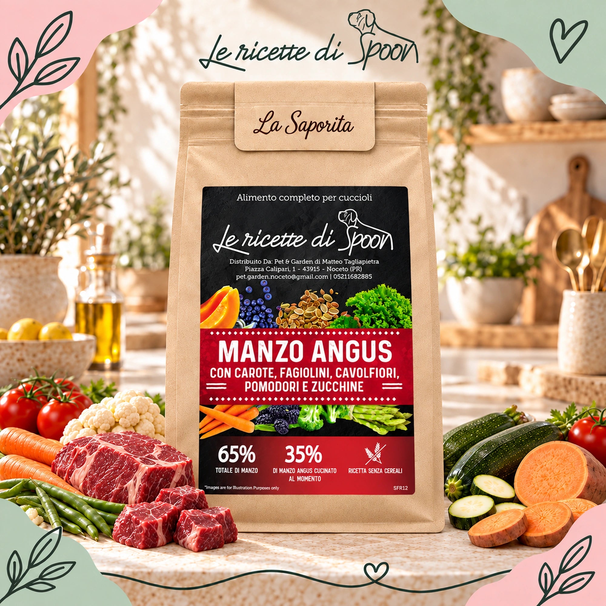 La Saporita - Monoproteico Grain Free - 65% di Manzo Human Grade con Carote, Fagiolini, Cavolfiori, Pomodori e Zucchine - Cane Cucciolo Taglia Piccola/Media/Grande