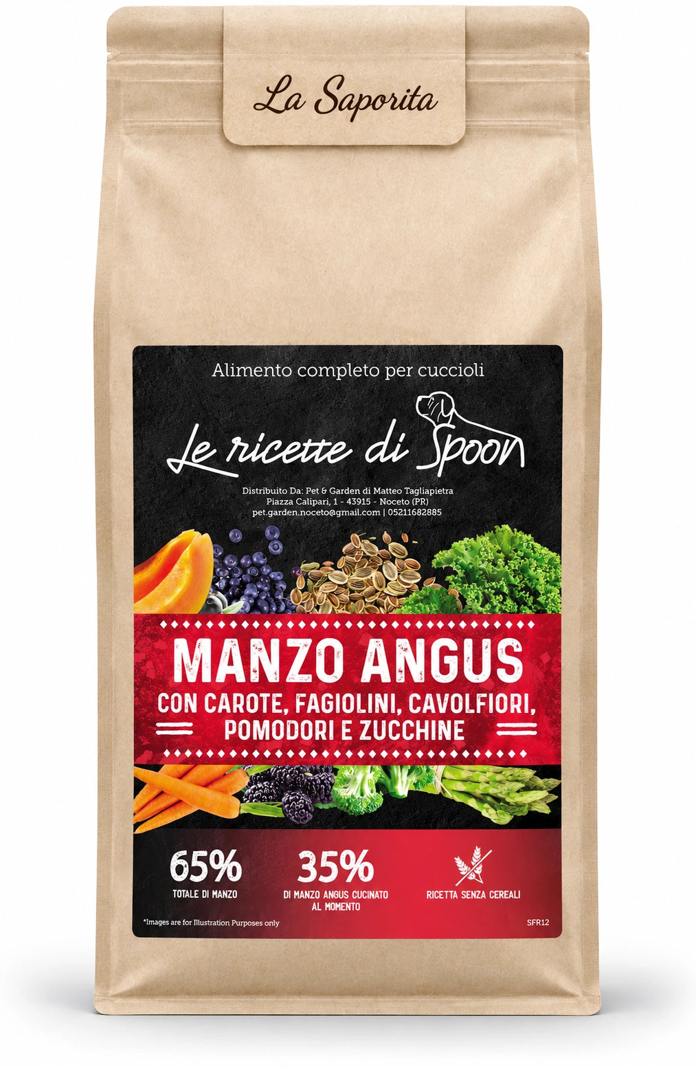 La Saporita - Monoproteico Grain Free - 65% di Manzo Human Grade con Carote, Fagiolini, Cavolfiori, Pomodori e Zucchine - Cane Cucciolo Taglia Piccola/Media/Grande