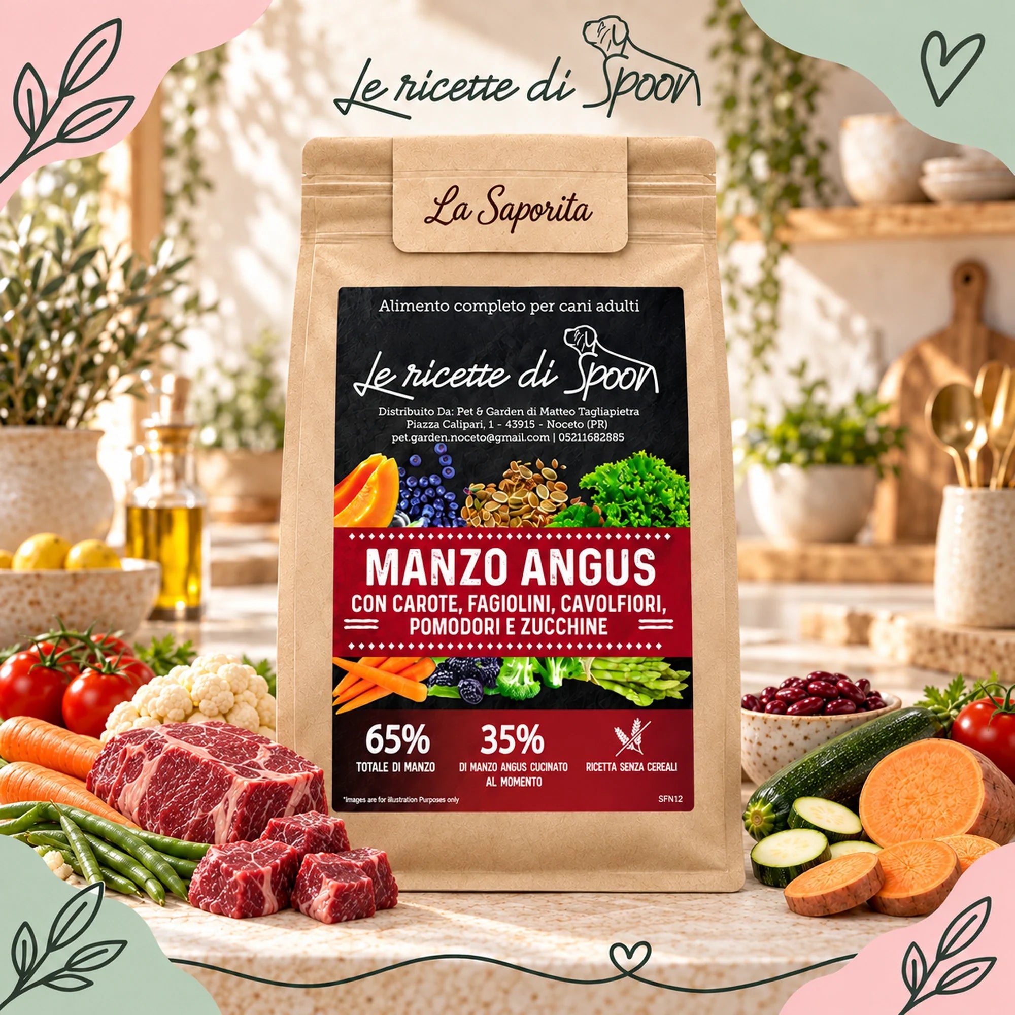 Le Ricette di Spoon La Saporita al manzo per cani adulti di taglia media e grande: sacco con ingredienti