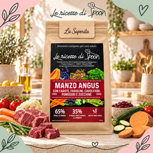 Le Ricette di Spoon La Saporita al manzo per cani adulti di taglia media e grande: sacco con ingredienti