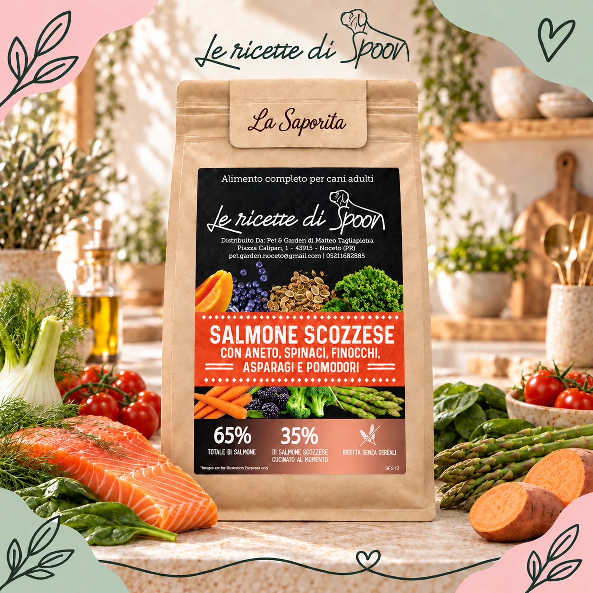 La Saporita - Monoproteico Grain Free - 65% di Salmone Human Grade con Aneto, Spinaci, Finocchi, Asparagi e Pomodori - Cane Adulto Taglia Media/Grande - sacco con ingredienti