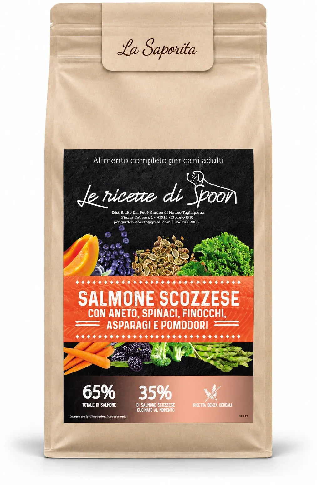 La Saporita - Monoproteico Grain Free - 65% di Salmone Human Grade con Aneto, Spinaci, Finocchi, Asparagi e Pomodori - Cane Adulto Taglia Media/Grande - sacco su sfondo bianco