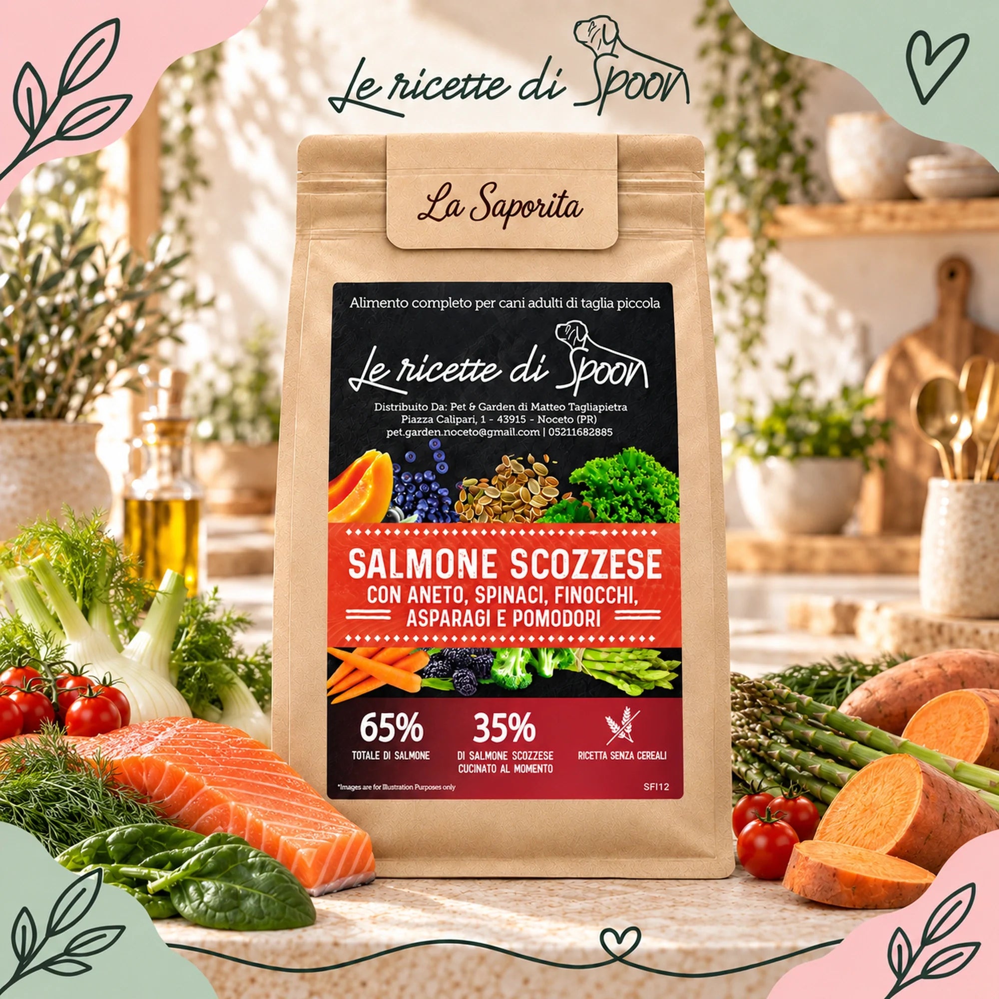 La Saporita - Monoproteico Grain Free - 65% di Salmone Human Grade con Aneto, Spinaci, Finocchi, Asparagi e Pomodori - Cane Adulto Taglia Piccola - sacco con ingredienti