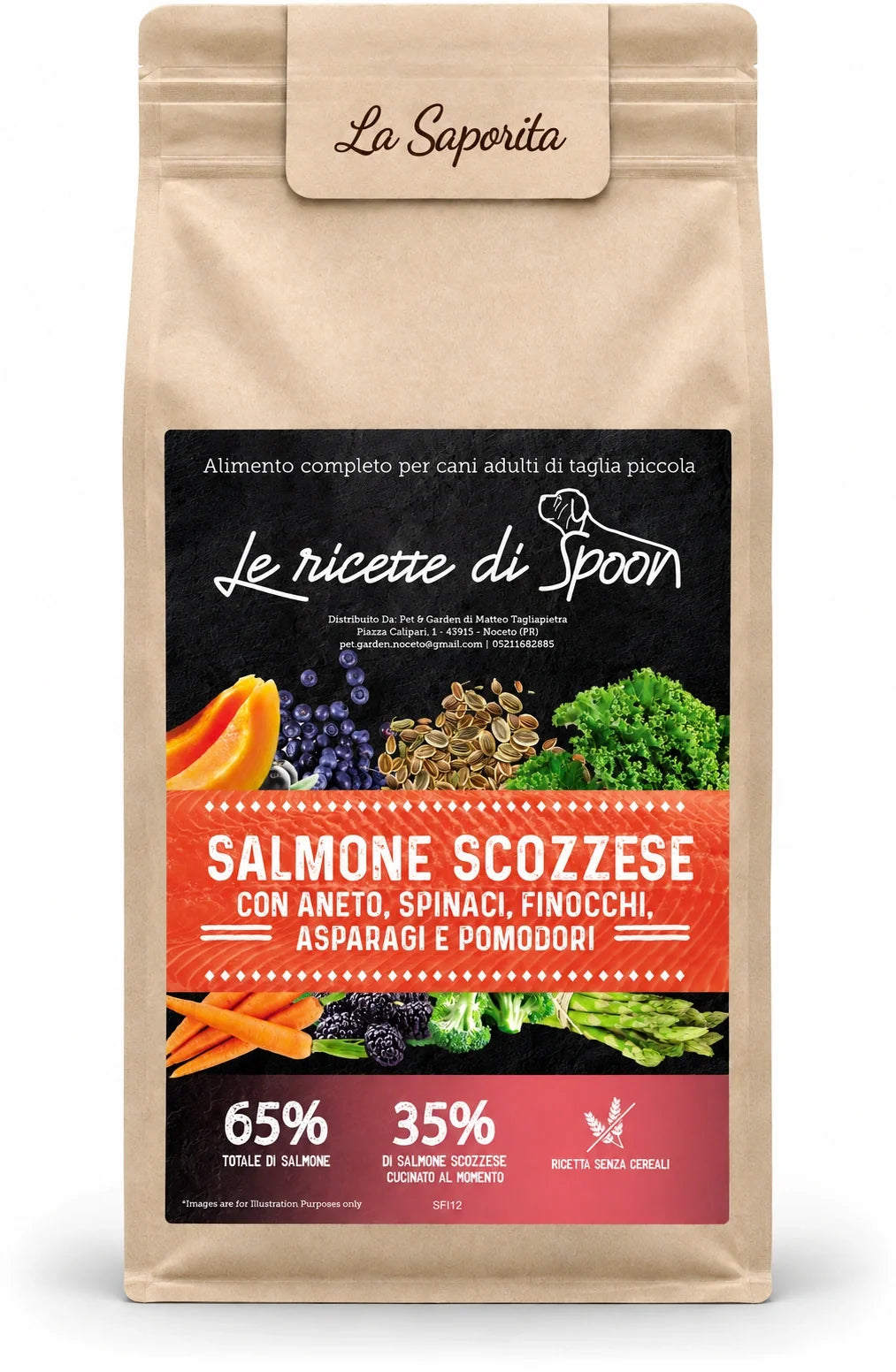 La Saporita - Monoproteico Grain Free - 65% di Salmone Human Grade con Aneto, Spinaci, Finocchi, Asparagi e Pomodori - Cane Adulto Taglia Piccola - sacco su sfondo bianco