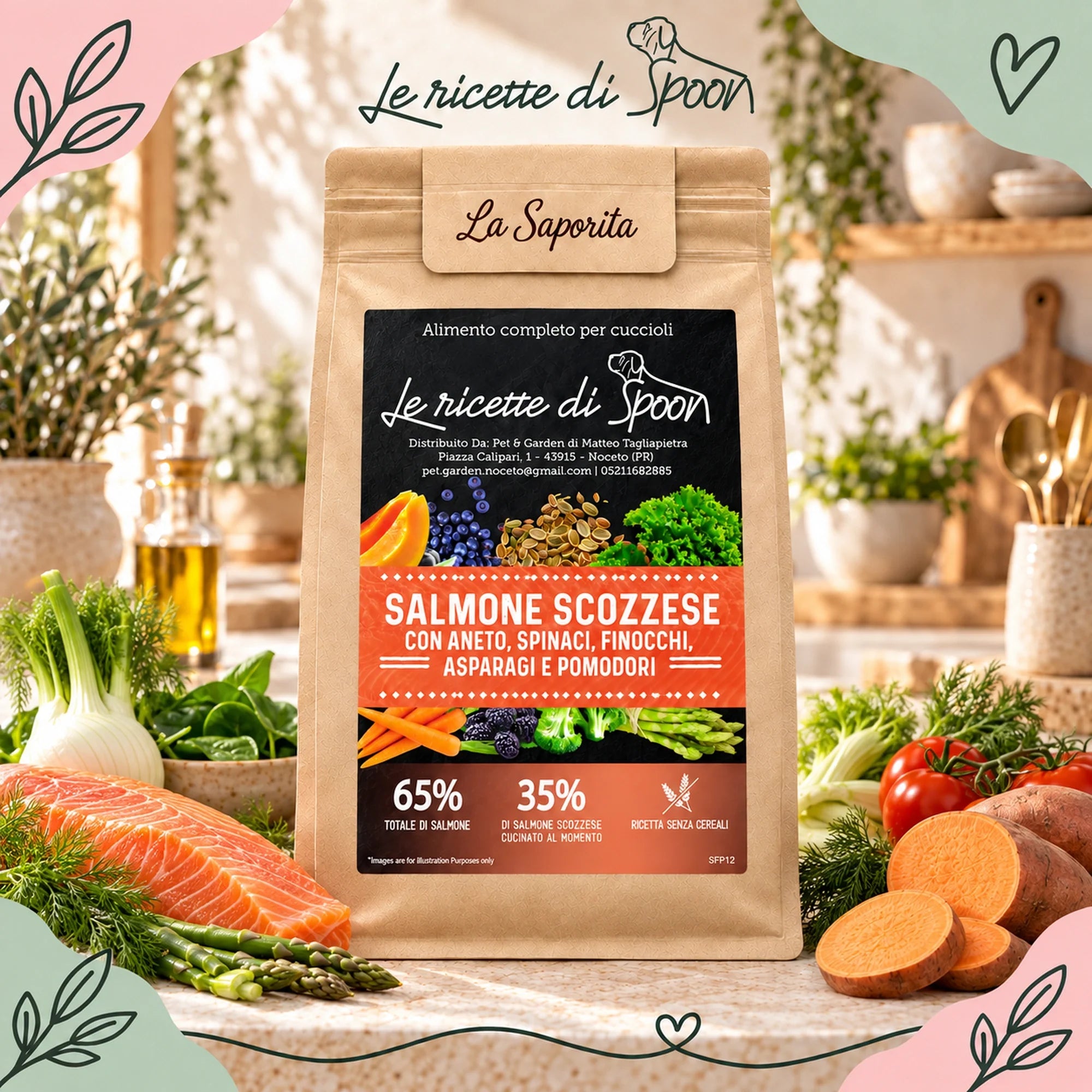 La Saporita - Monoproteico Grain Free - 65% di Salmone Human Grade con Aneto, Spinaci, Finocchi, Asparagi e Pomodori - Cane Cucciolo Taglia Piccola/Media/Grande - sacco con ingredienti