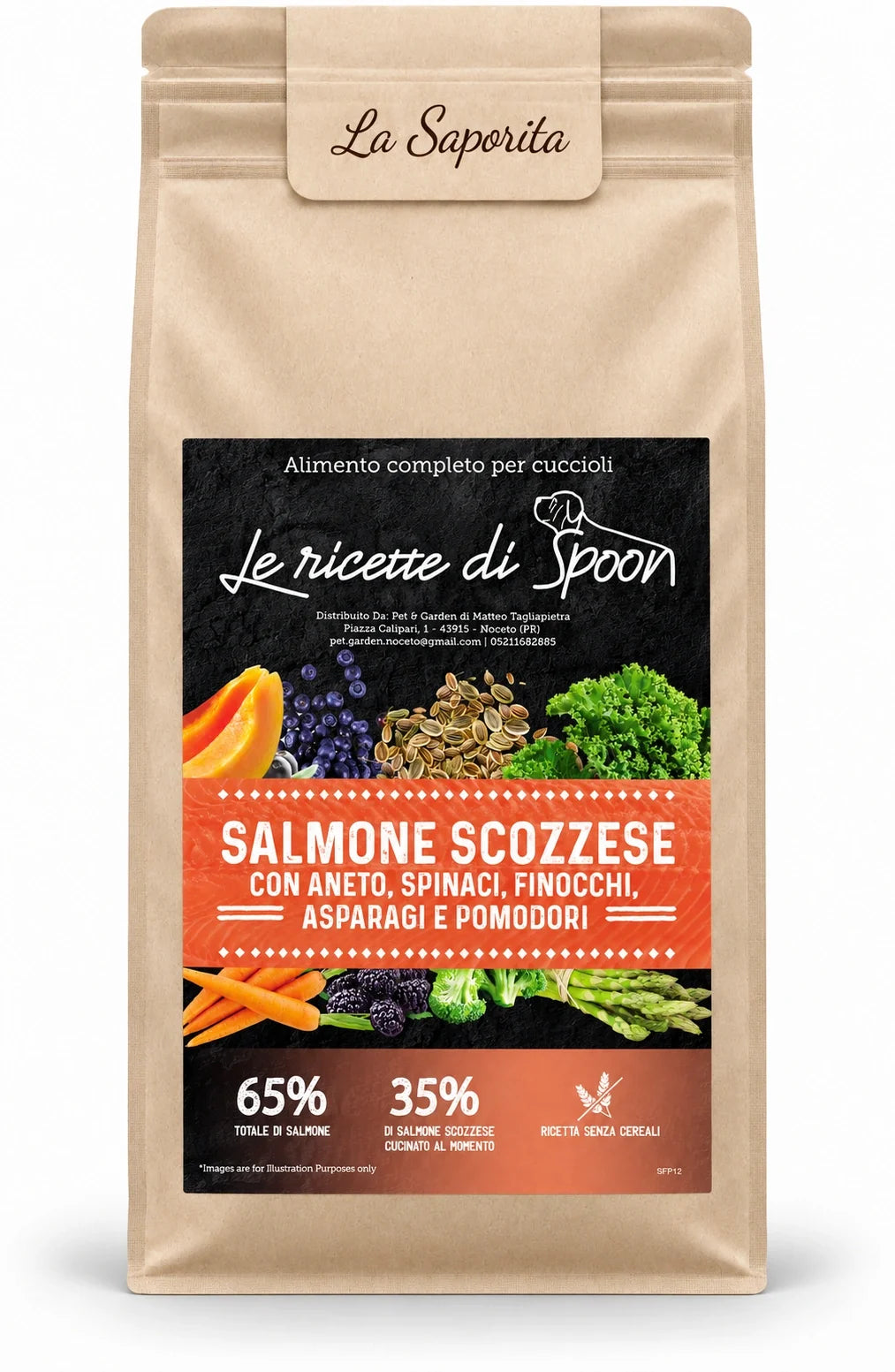 La Saporita - Monoproteico Grain Free - 65% di Salmone Human Grade con Aneto, Spinaci, Finocchi, Asparagi e Pomodori - Cane Cucciolo Taglia Piccola/Media/Grande - sacco su sfondo bianco