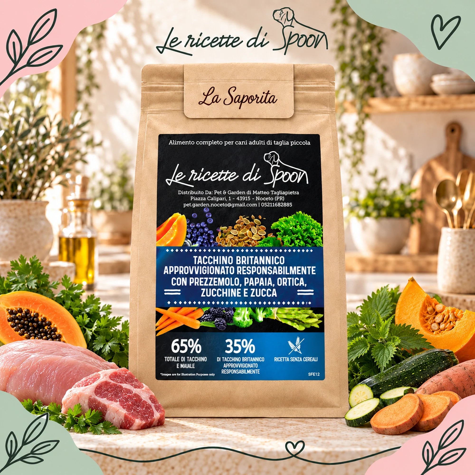 La Saporita - Multiproteico Grain Free - 65% di Tacchino e Maiale Human Grade con Prezzemolo, Papaya, Ortica, Zucchine e Zucca - Cane Adulto Taglia Piccola - sacco con ingredienti