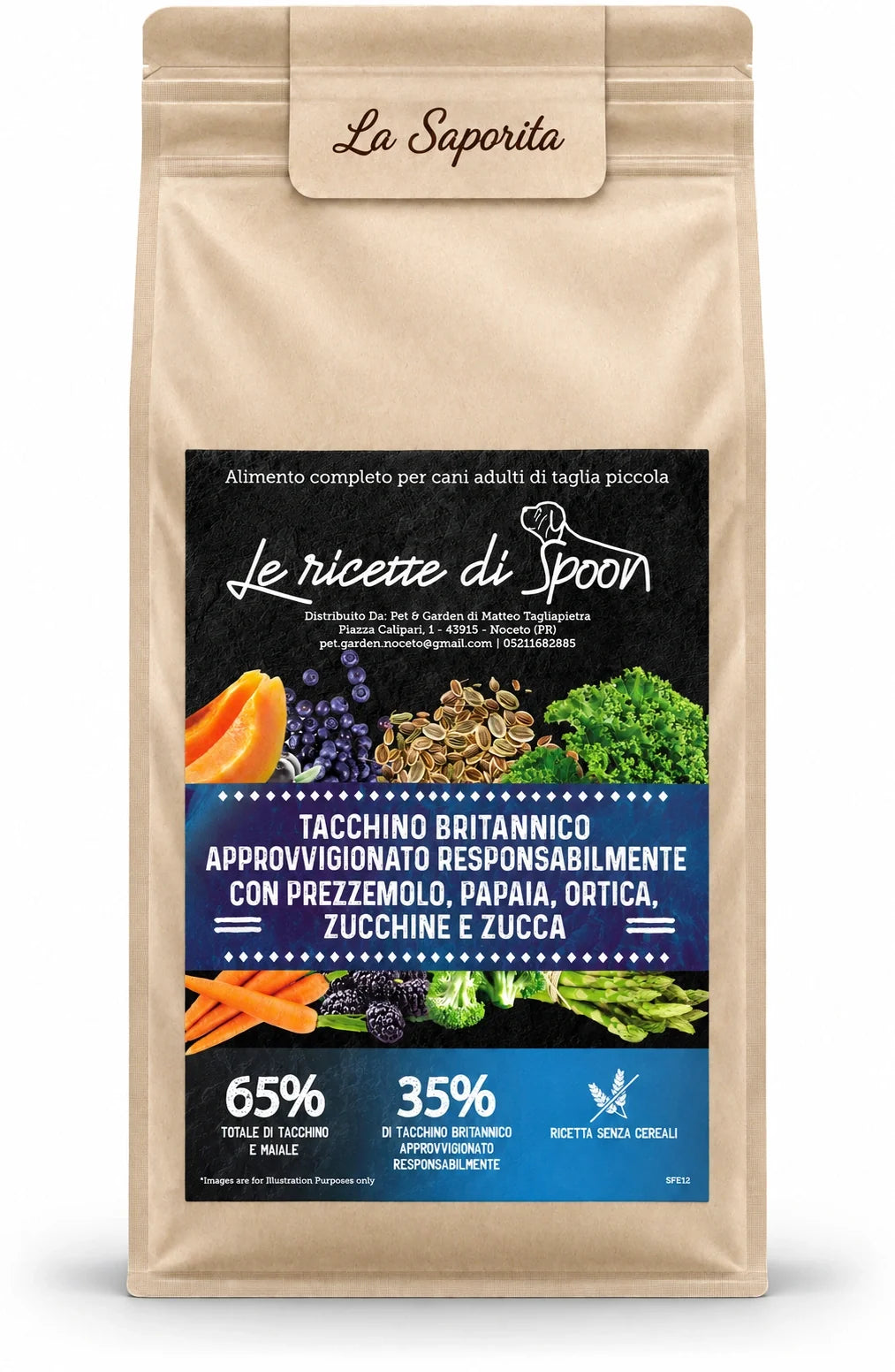 La Saporita - Multiproteico Grain Free - 65% di Tacchino e Maiale Human Grade con Prezzemolo, Papaya, Ortica, Zucchine e Zucca - Cane Adulto Taglia Piccola - sacco su sfondo bianco