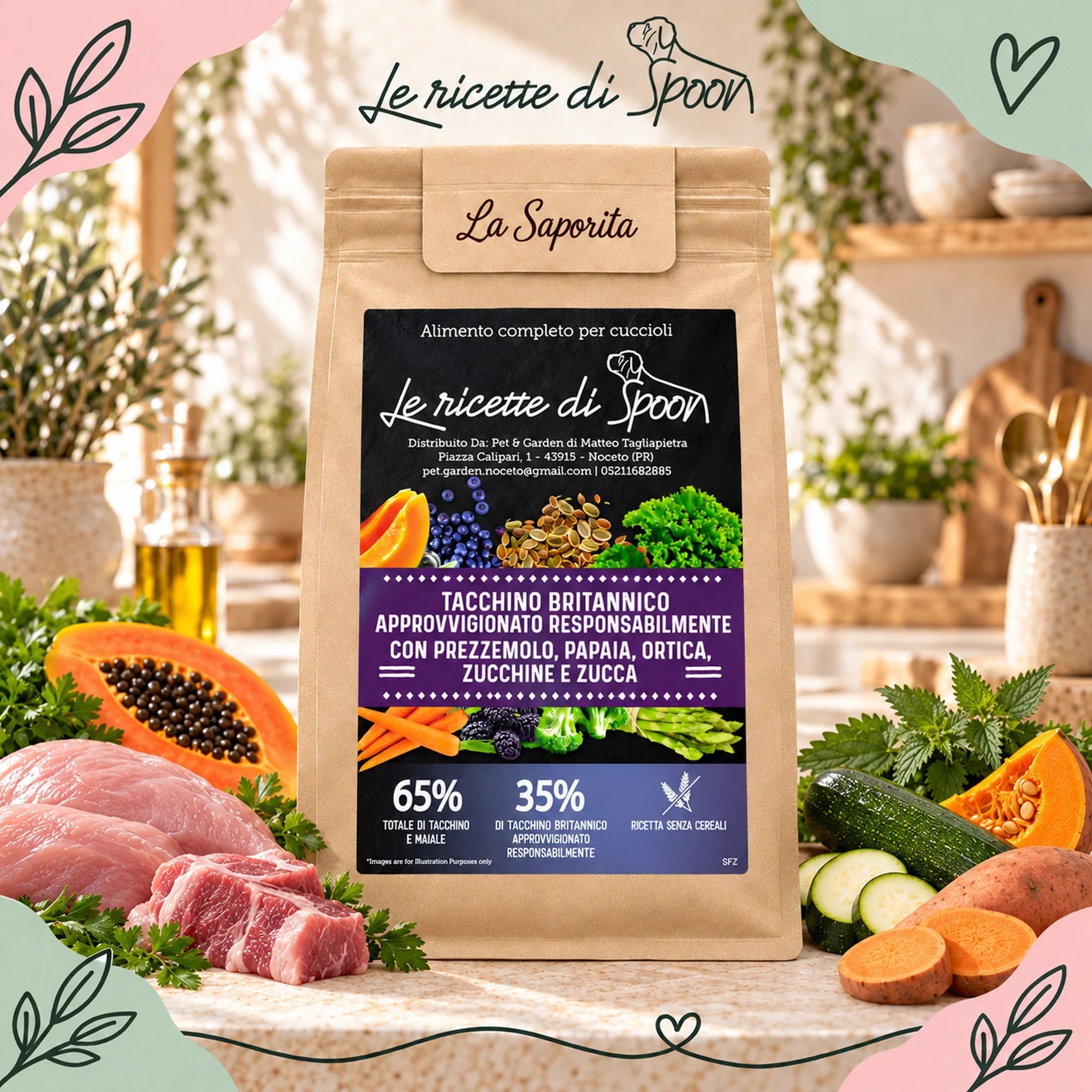 La Saporita - Multiproteico Grain Free - 65% di Tacchino e Maiale Human Grade con Prezzemolo, Papaya, Ortica, Zucchine e Zucca - Cane Cucciolo Taglia Piccola/Media/Grande - sacco con ingredienti