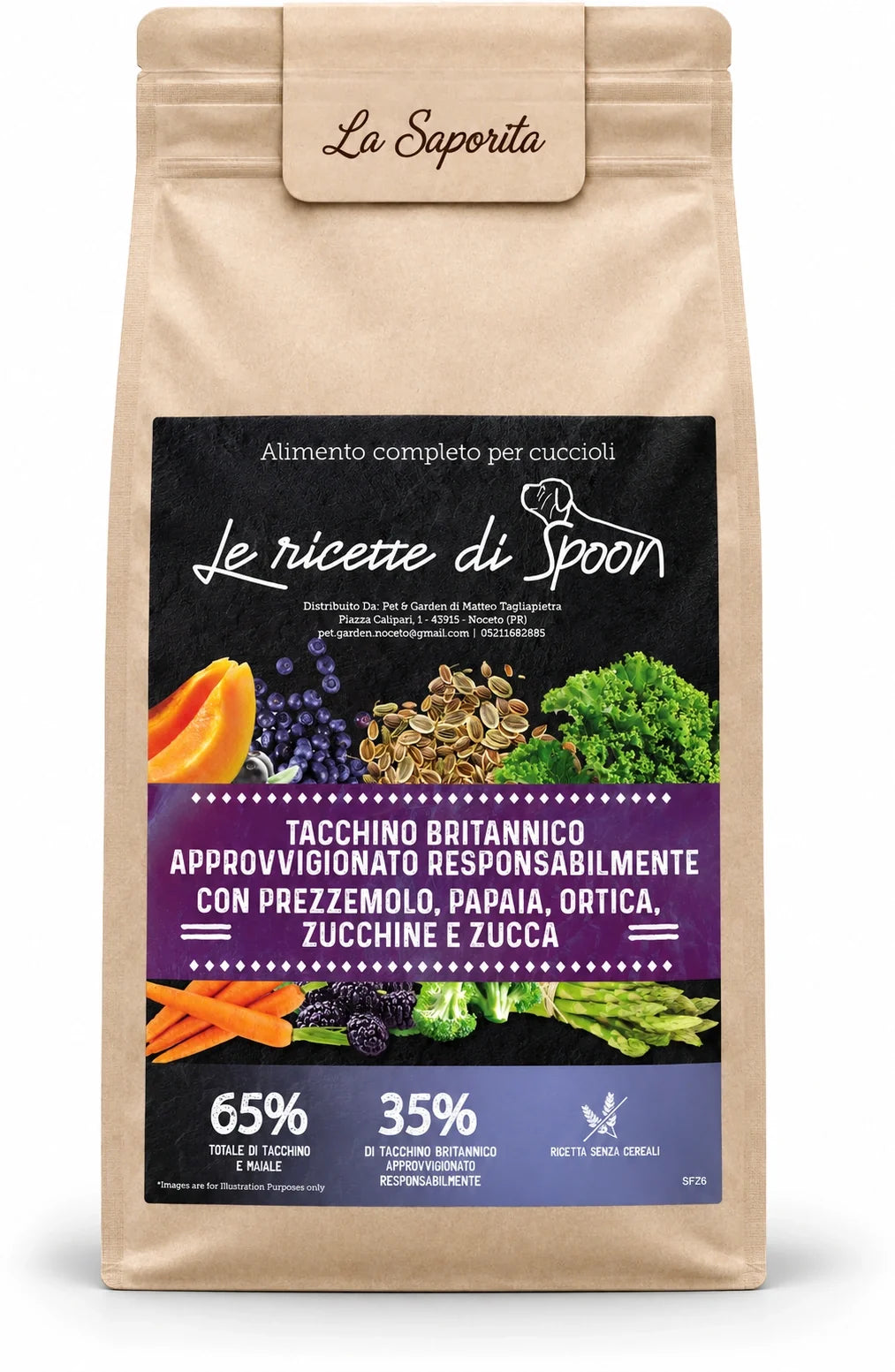 La Saporita - Multiproteico Grain Free - 65% di Tacchino e Maiale Human Grade con Prezzemolo, Papaya, Ortica, Zucchine e Zucca - Cane Cucciolo Taglia Piccola/Media/Grande - sacco su sfondo bianco