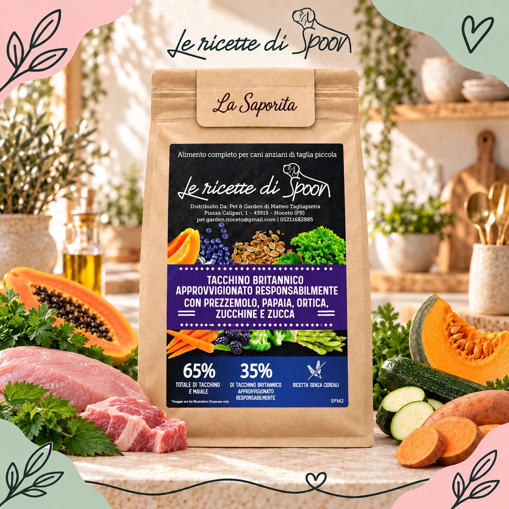 La Saporita - Multiproteico Grain Free - 65% di Tacchino e Maiale Human Grade con Prezzemolo, Papaya, Ortica, Zucchine e Zucca - Cane Senior/Light Taglia Piccola - sacco con ingredienti