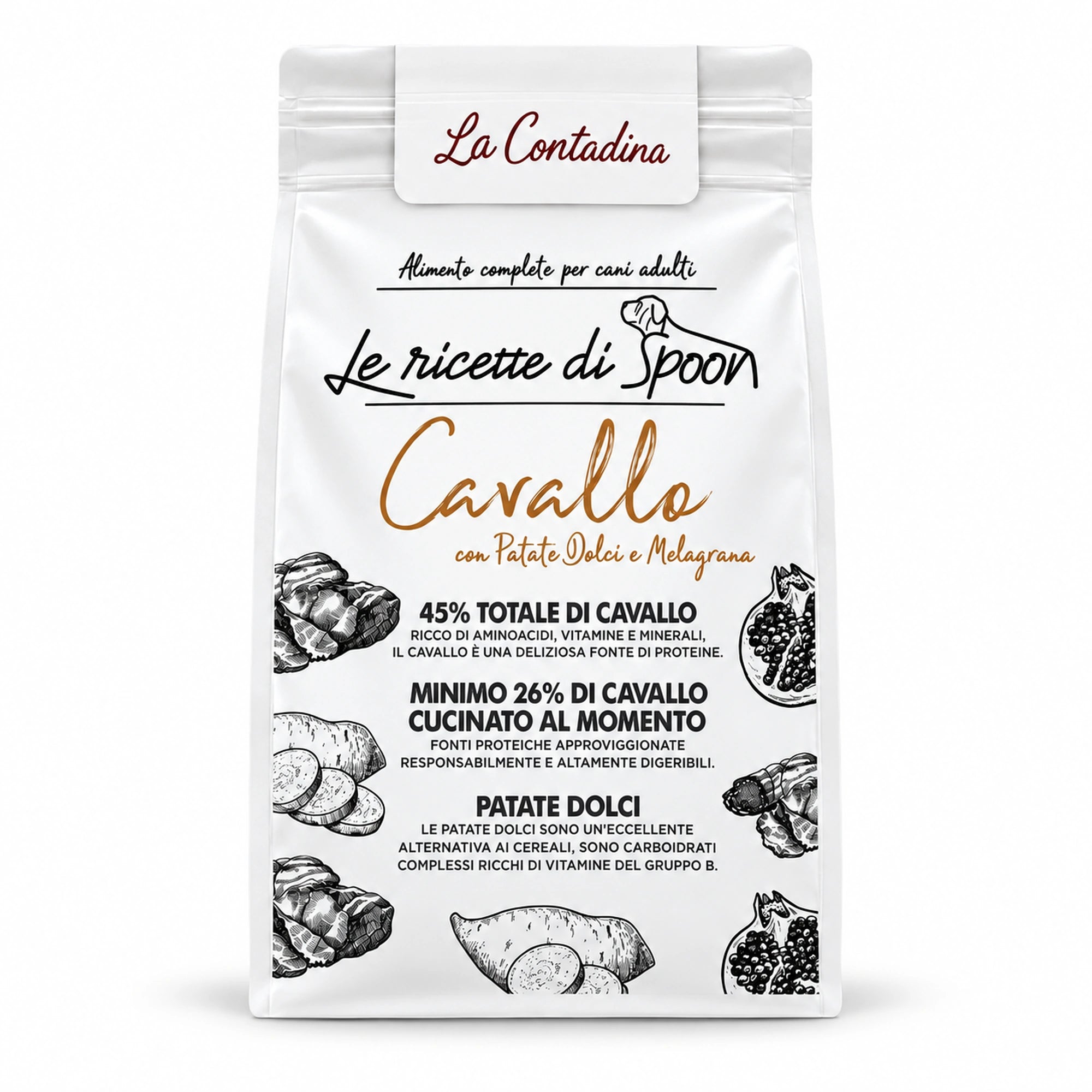 La Contadina - Cavallo con patate dolci e melograno - sacco su sfondo bianco