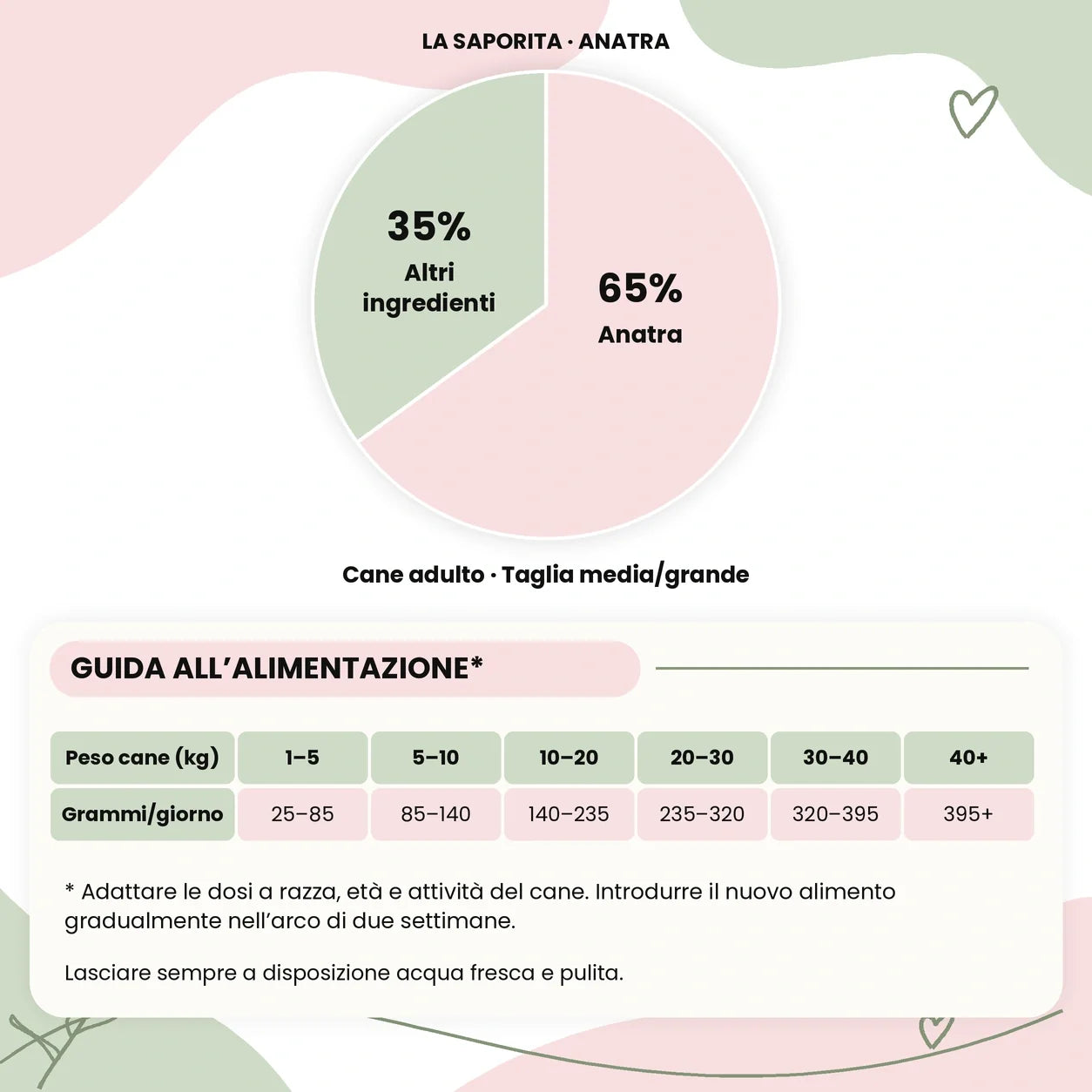 La Saporita - Monoproteico Grain Free - 65% di Anatra Human Grade con Pastinaca, Barbabietole, Arance, Asparagi e Zucca - Cane Adulto Taglia Media/Grande - sacco con ingredienti