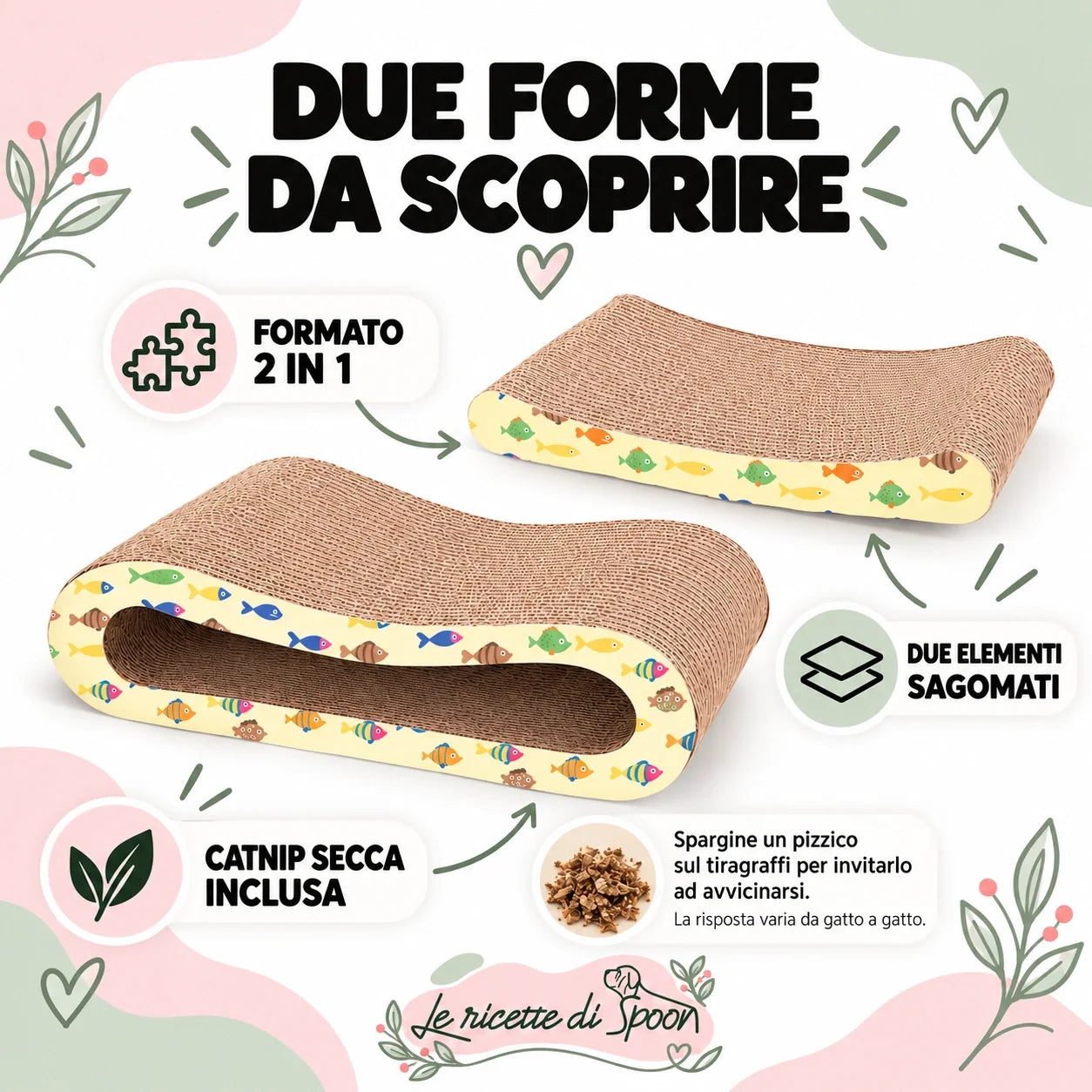 Formato 2 in 1 e catnip secca inclusa da spargere sul tiragraffi
