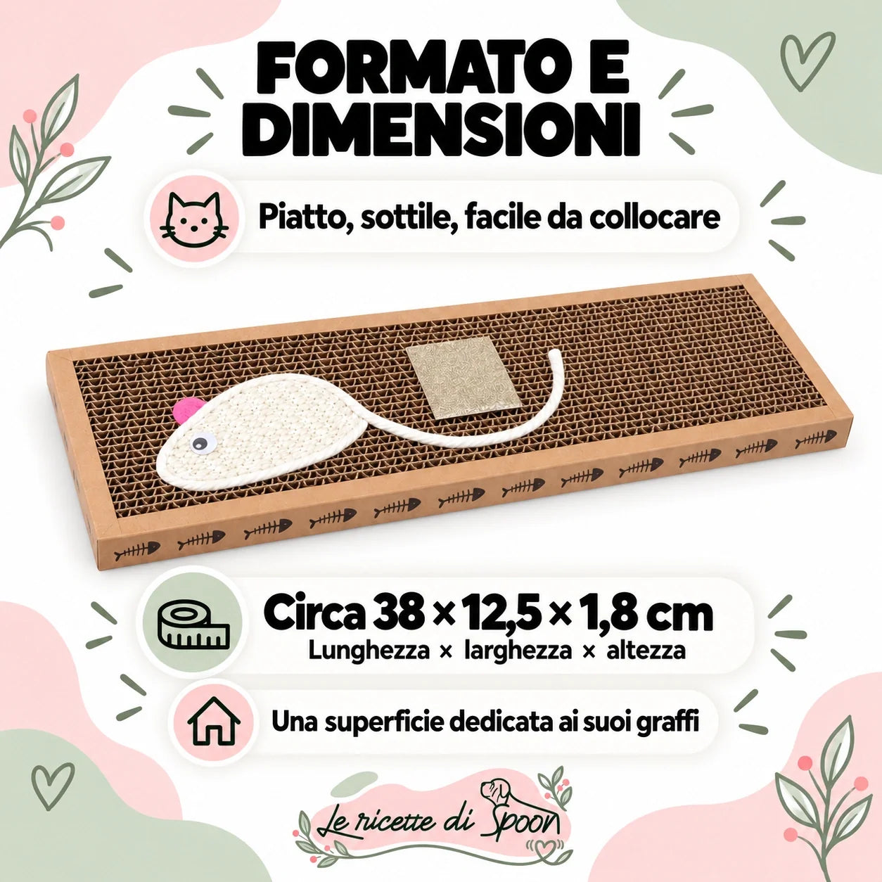 Tiragraffi piatto — Formato piatto e dimensioni indicative: 38 × 12,5 × 1,8 cm