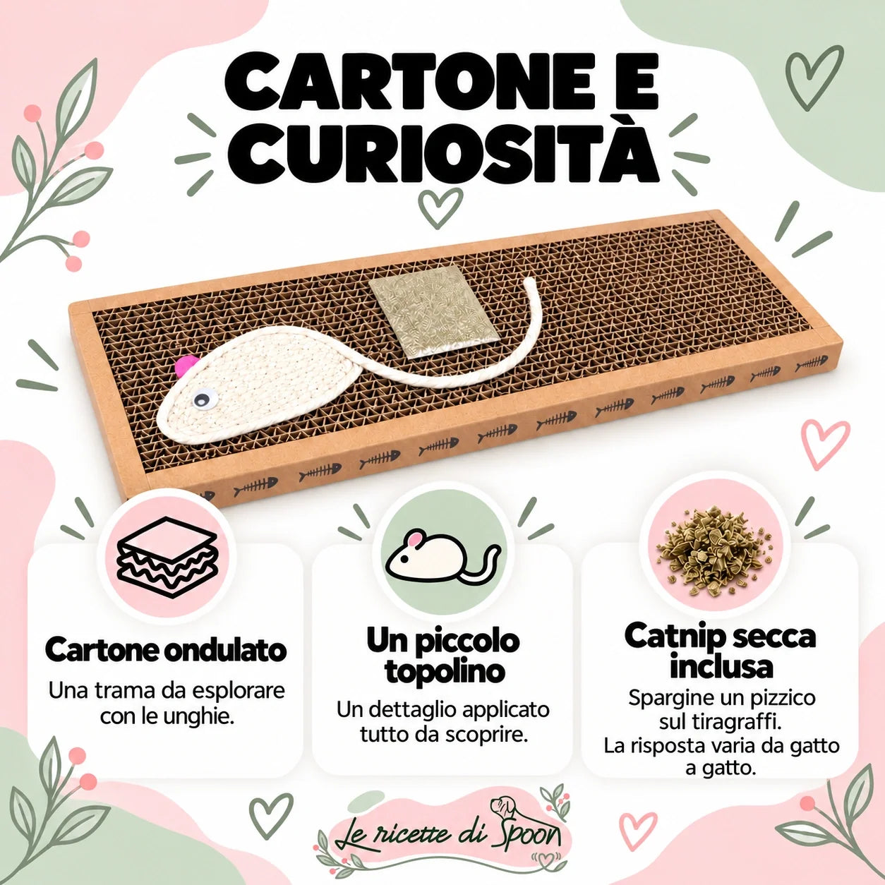 Tiragraffi piatto — Cartone ondulato, topolino applicato e catnip inclusa
