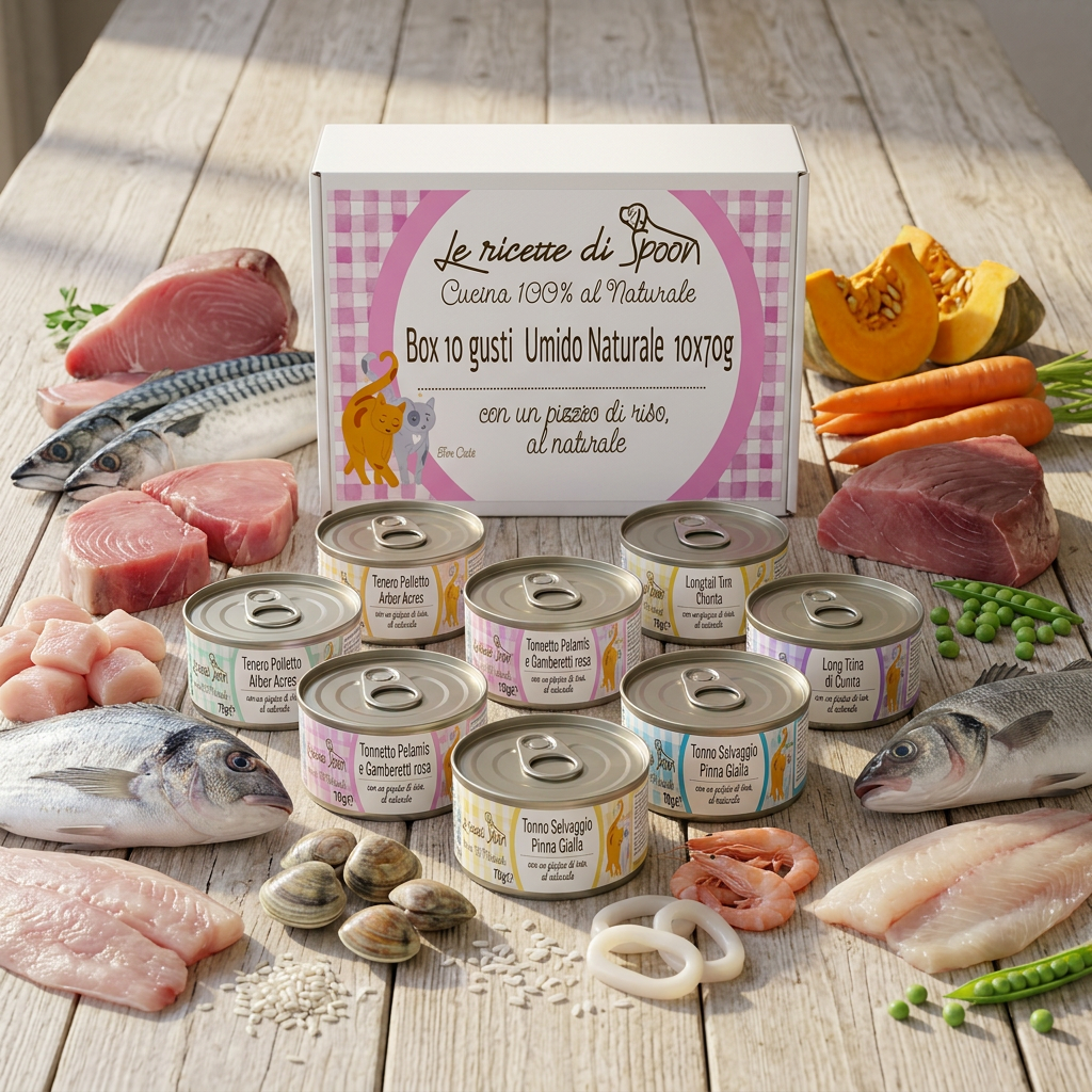 Box degustazione 10 gusti (10x70gr) umido naturale - Carne o Pesce, acqua di cottura ed un pizzico di riso, cotti al vapore in lattina