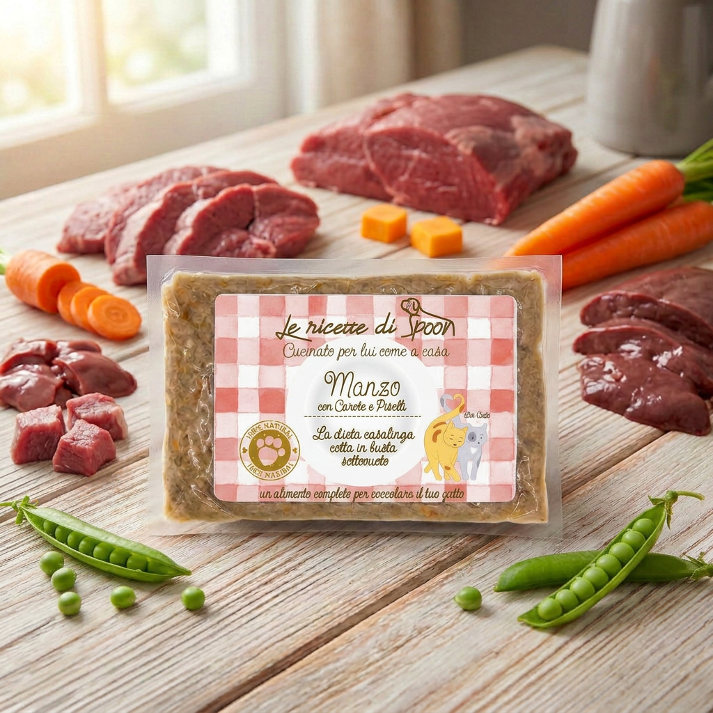 Pappa Casalinga alimento completo per Gatto adulto: Manzo con Carote e Piselli cotta in busta sottovuoto 85g