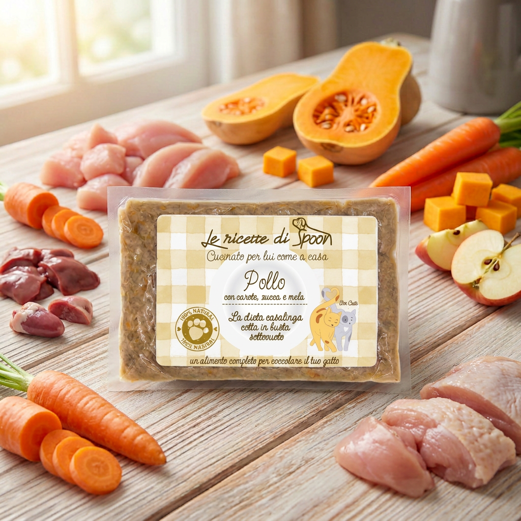 Pappa Casalinga alimento completo per Gatto adulto: Pollo con Carote, Zucca e Mela cotta in busta sottovuoto 85g