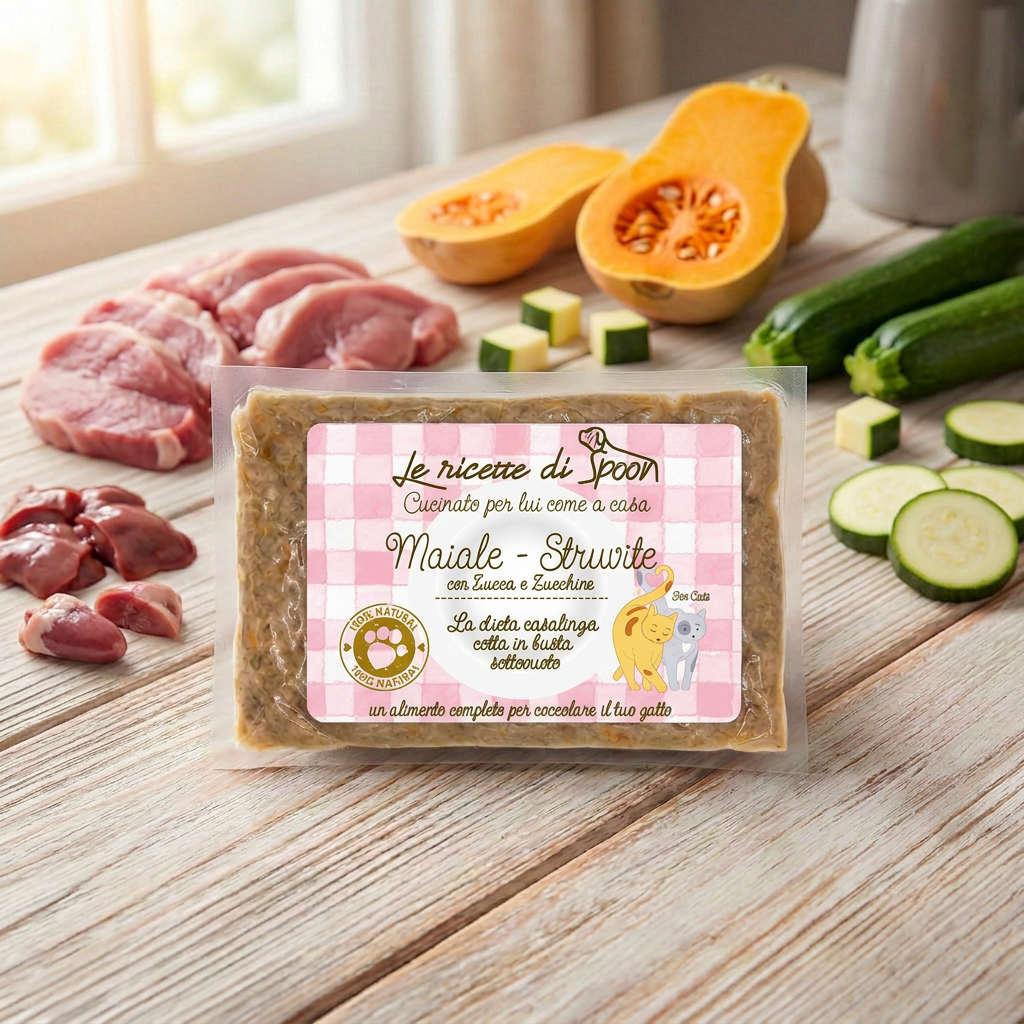 Pappa Casalinga alimento completo per Gatto adulto - Formula Struvite: Maiale con Zucca e Zucchine cotta in busta sottovuoto 85g
