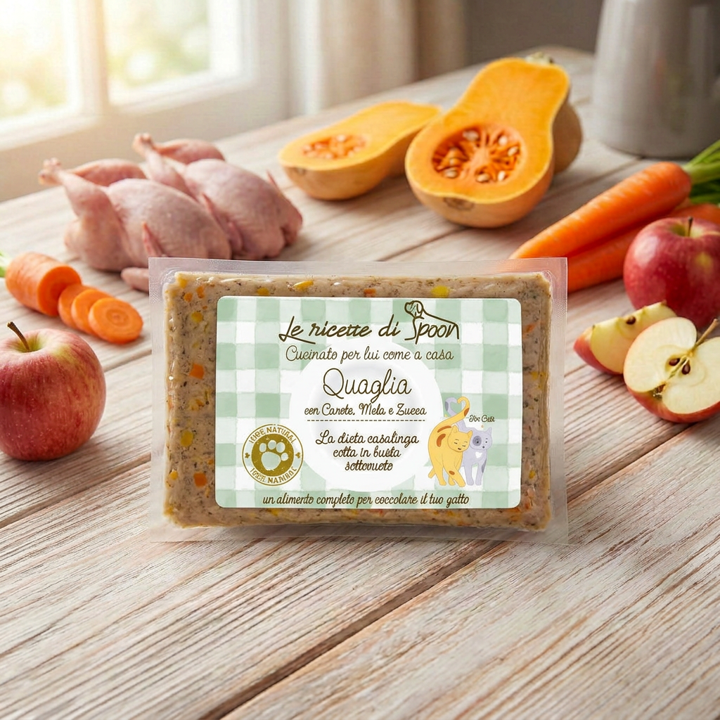 Pappa Casalinga alimento completo per Gatto adulto: Quaglia con Carota, Mela e Zucca cotta in busta sottovuoto 85g