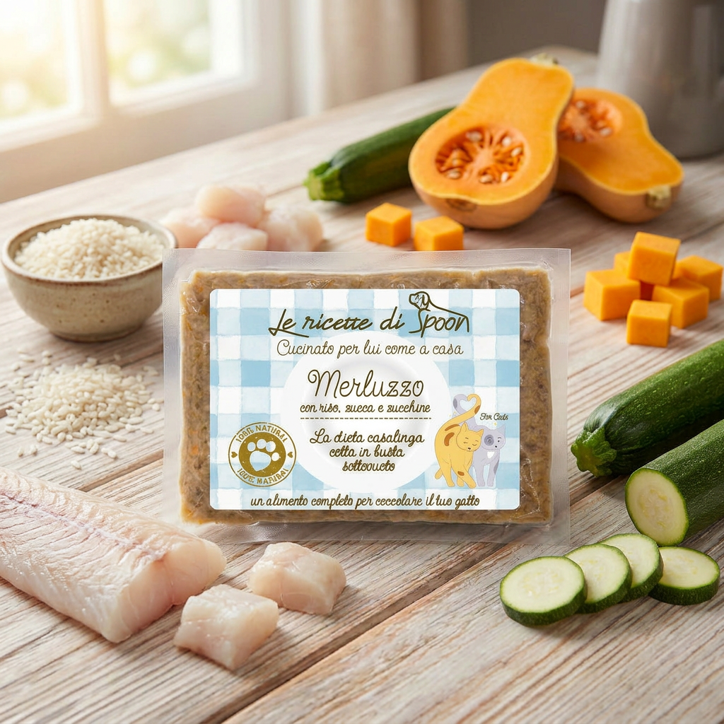 Pappa Casalinga alimento completo per Gatto adulto: Merluzzo con Riso, Zucca e Zucchine cotta in busta sottovuoto 85g