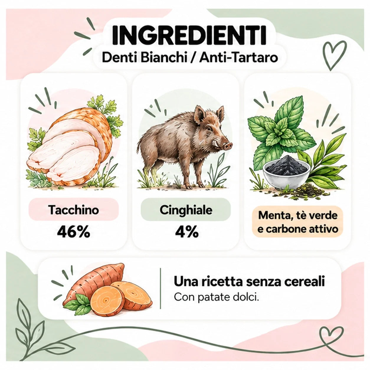 Anti-Tartaro – Snack per cane senza cereali – 70 g – ingredienti ad acquerello
