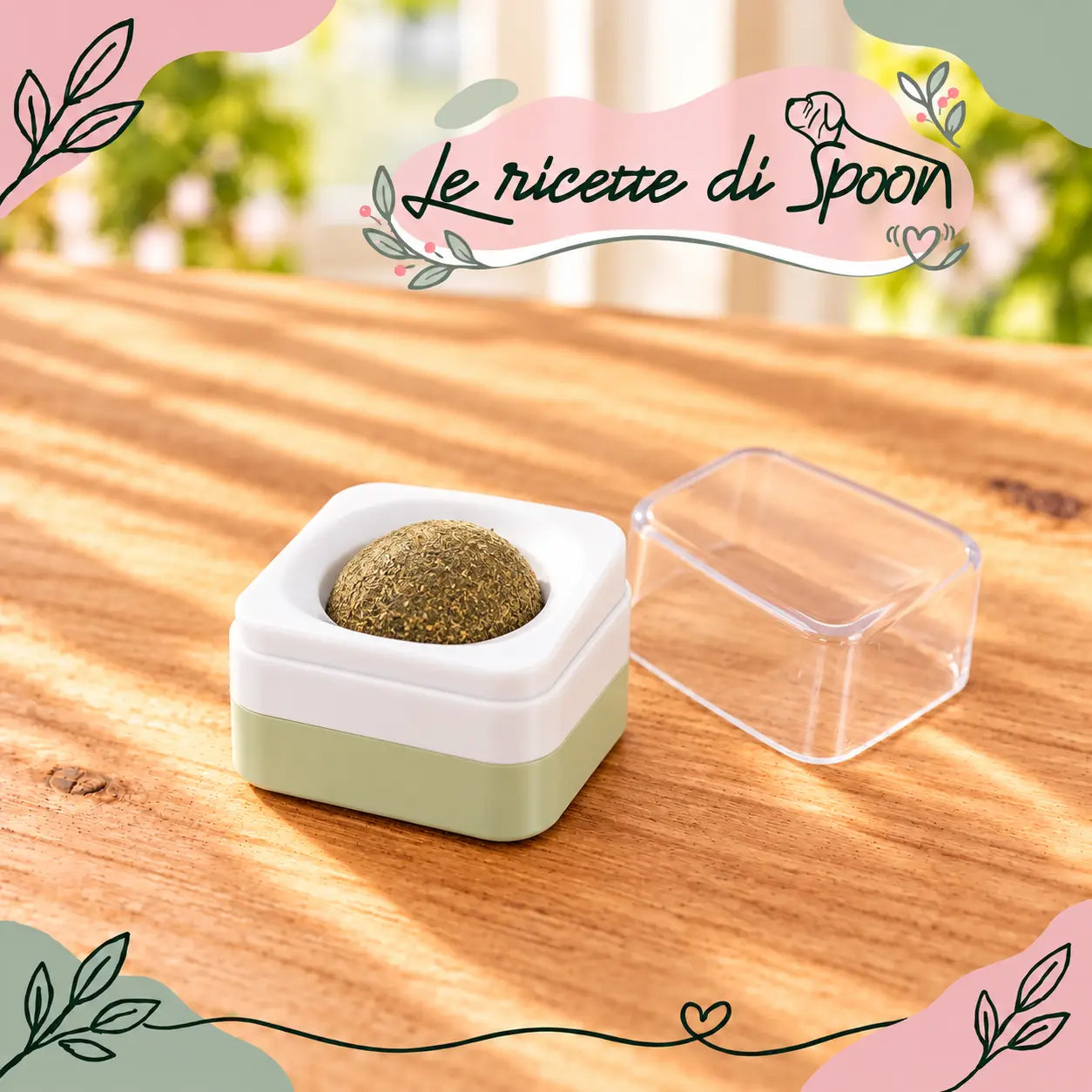 Dispenser adesivo con pallina di erba gatta e coperchio — Le Ricette di Spoon