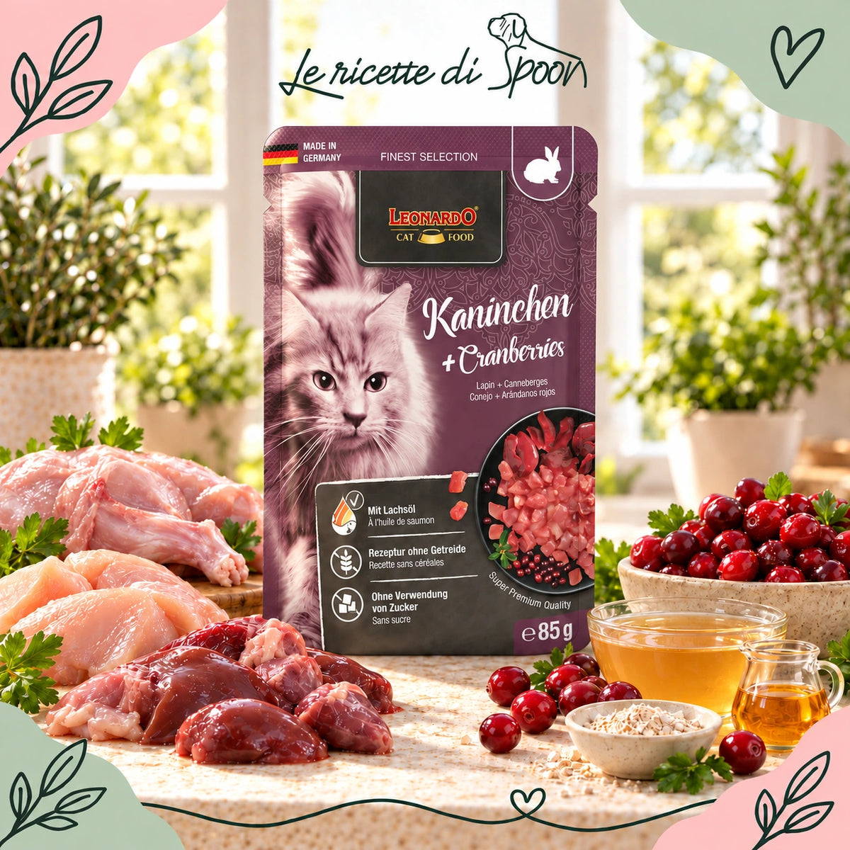 Umido completo Human Grade coniglio e mirtilli rossi, busta da 85 g e ingredienti
