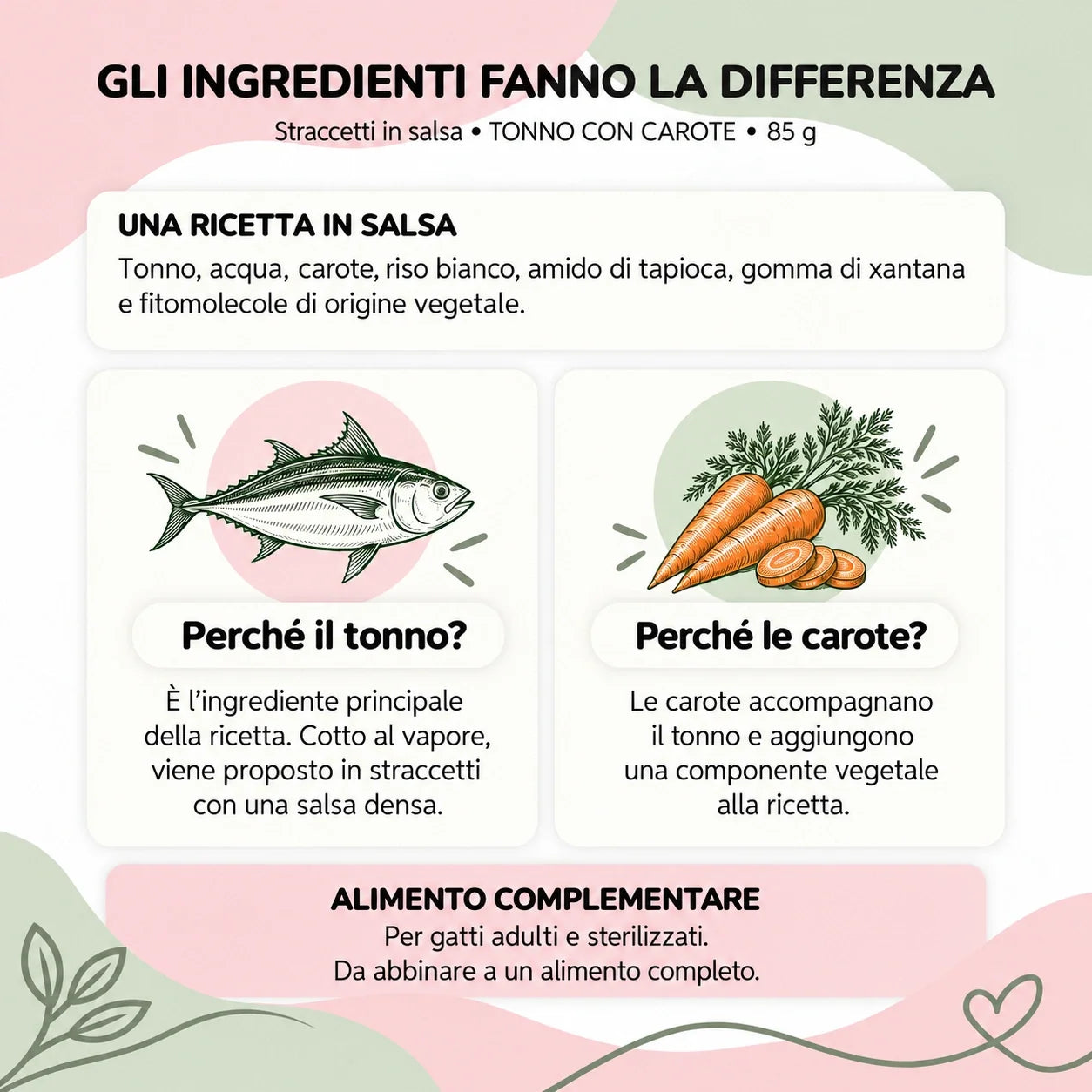 Straccetti gatto TONNO CON CAROTE 85 g - ingredienti e ricetta