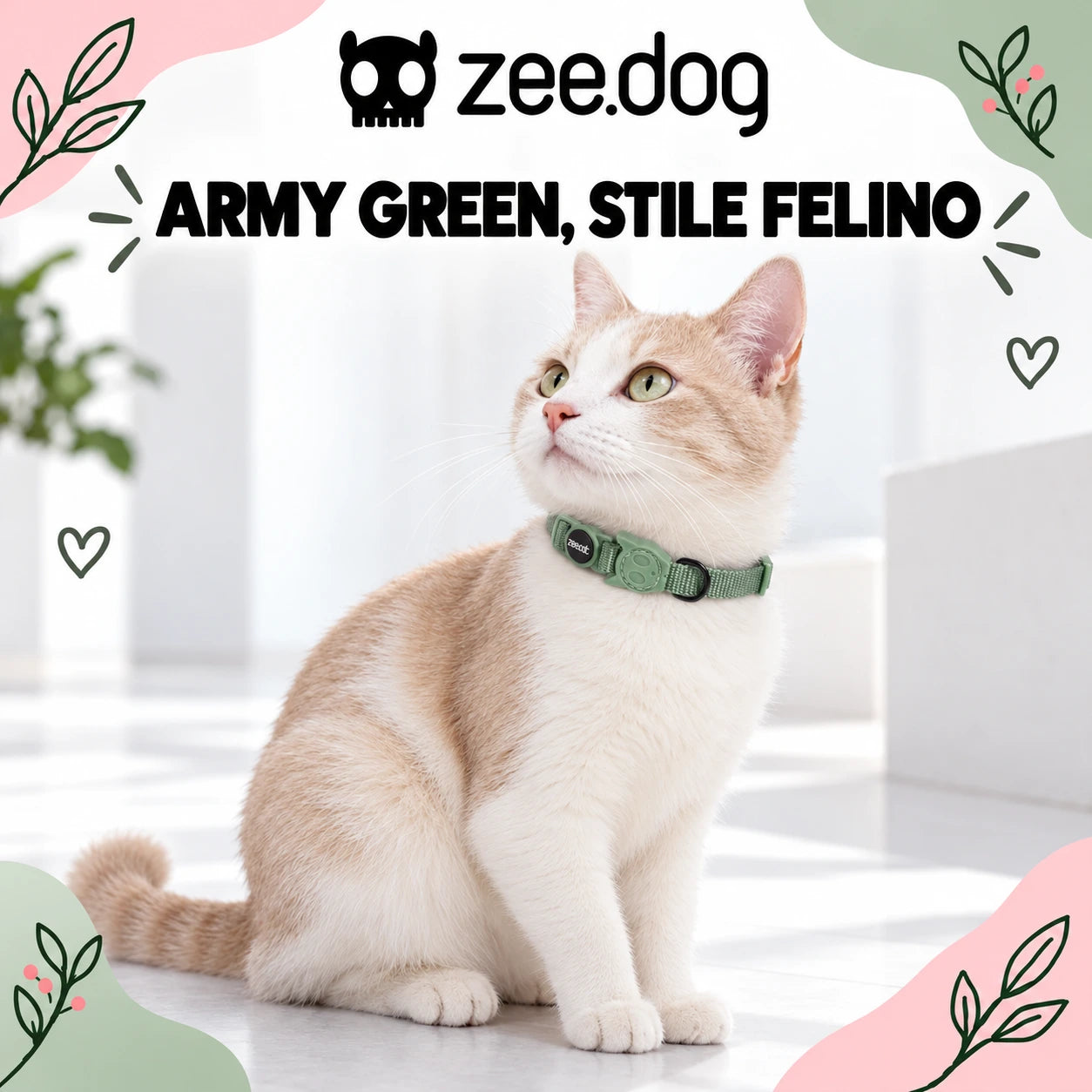 Zee.Dog Army Green — indossato da un gatto, ambientazione illustrativa