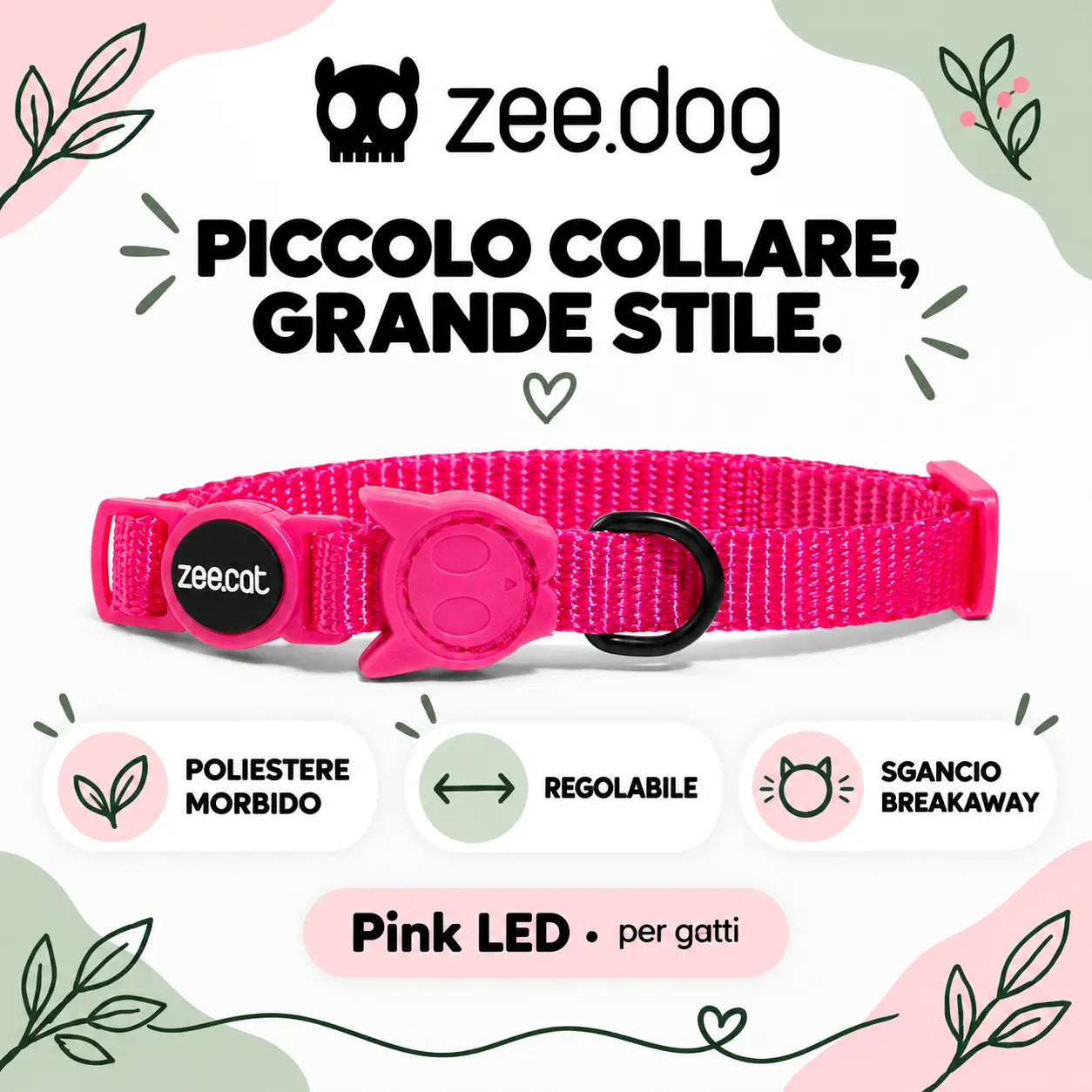 Zee.Dog Pink LED — poliestere, regolazione e sgancio breakaway
