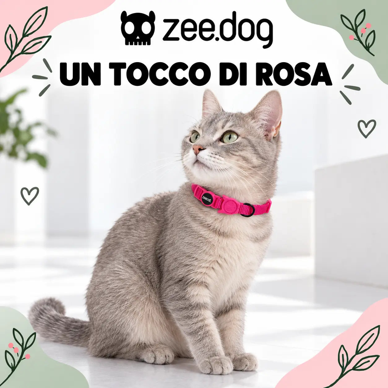 Collare Pink LED indossato da un gatto grigio chiaro — ambientazione illustrativa