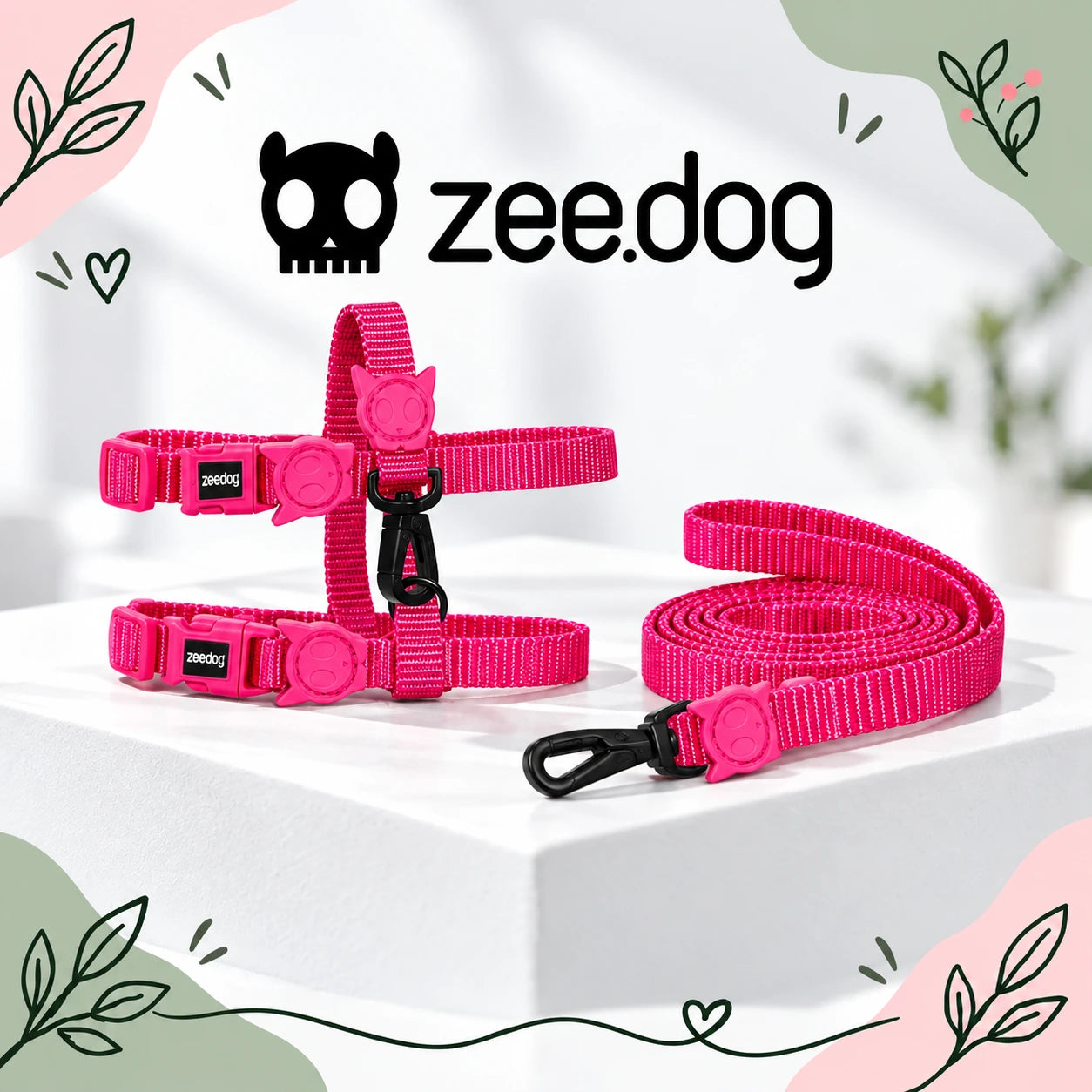 Zee.Dog Pink LED — set pettorina e guinzaglio su sfondo moderno chiaro