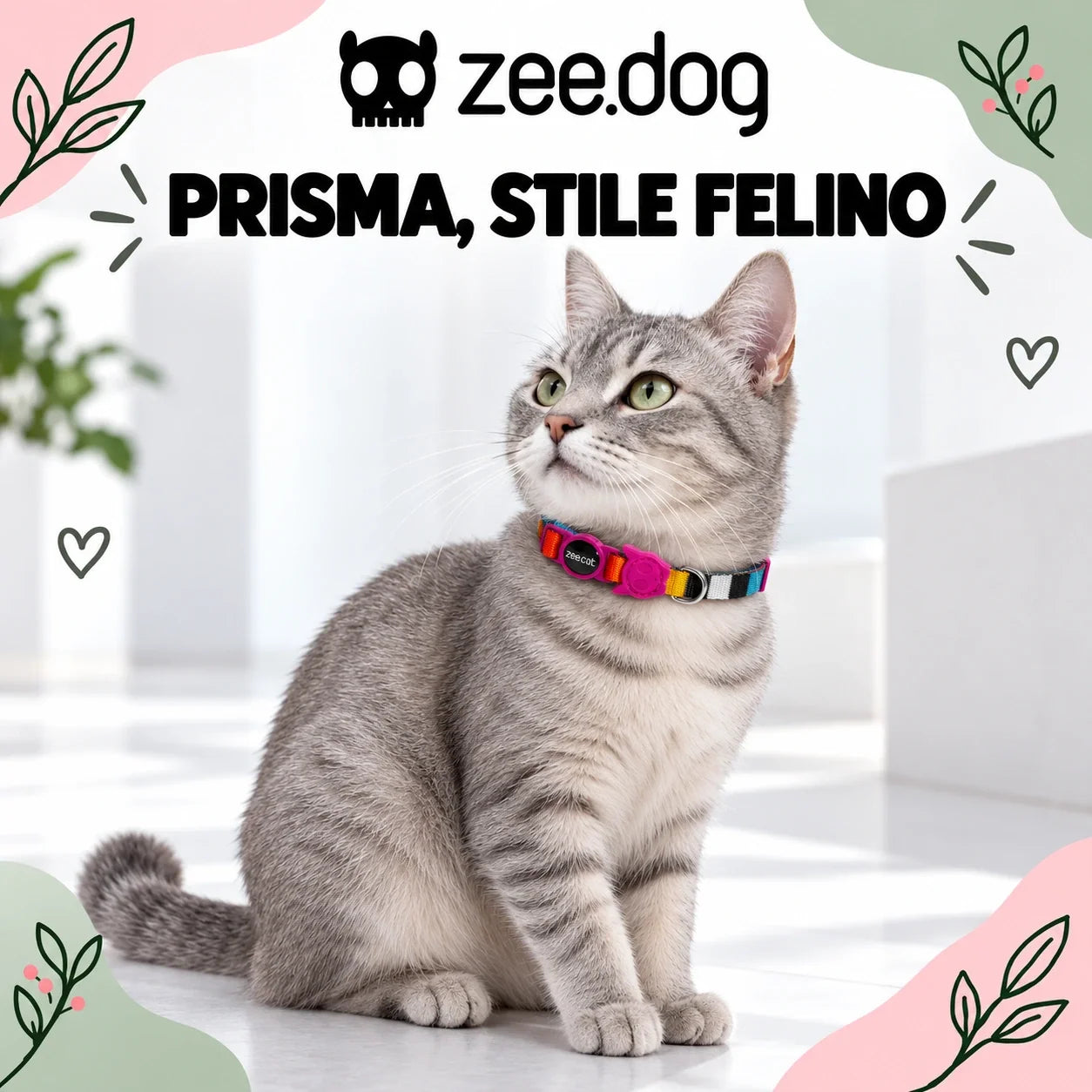 Zee.Dog Prisma — indossato da un gatto, ambientazione illustrativa