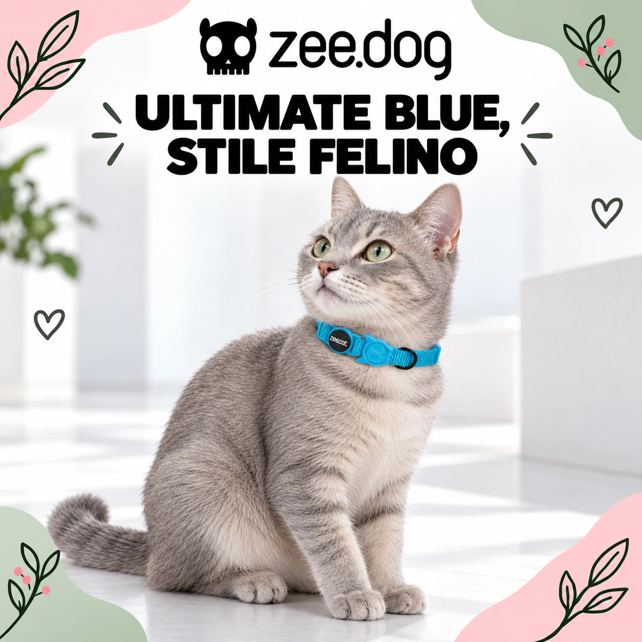 Zee.Dog Ultimate Blue — indossato da un gatto, ambientazione illustrativa